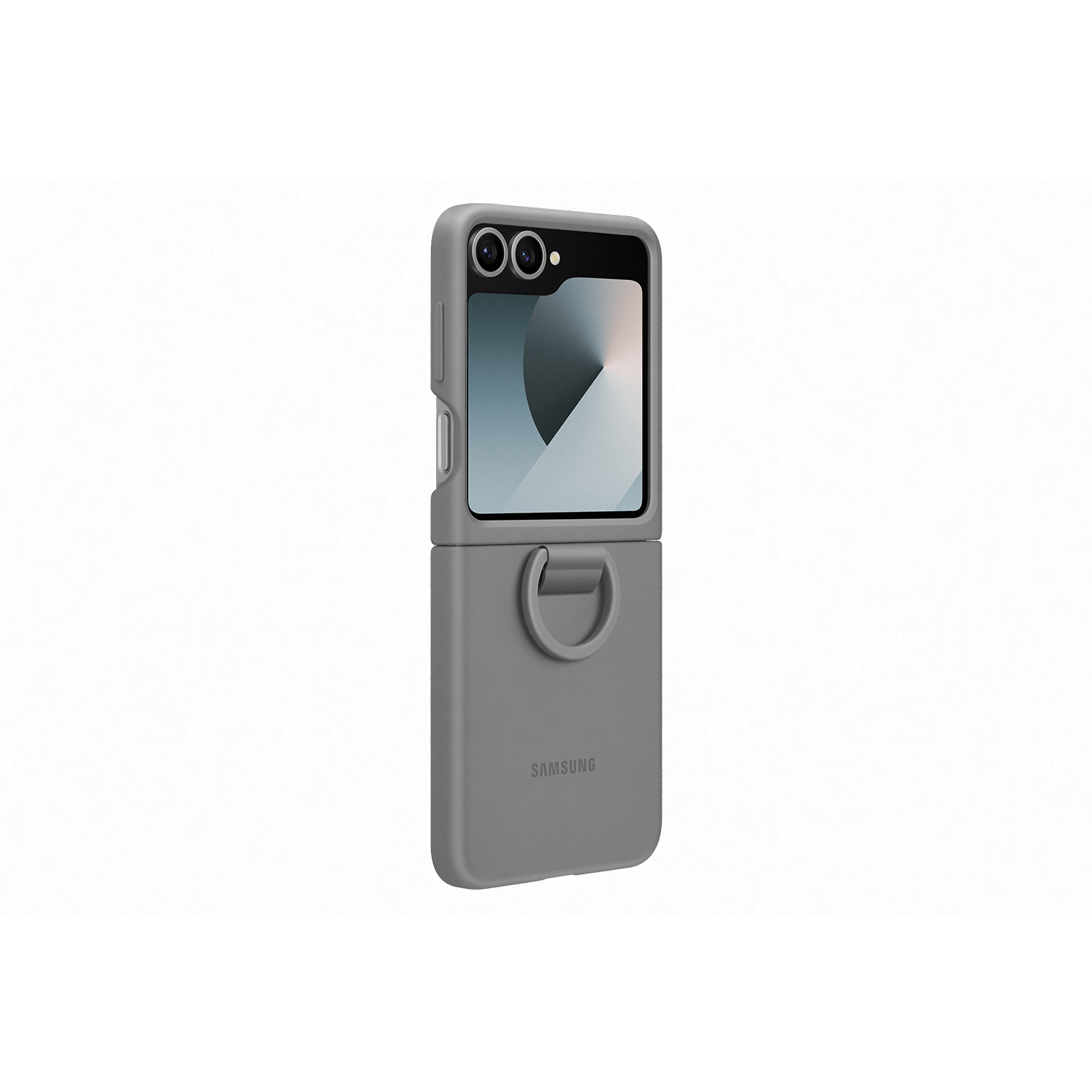 Funda gris para teléfono con logo Samsung y recortes de cámara.
