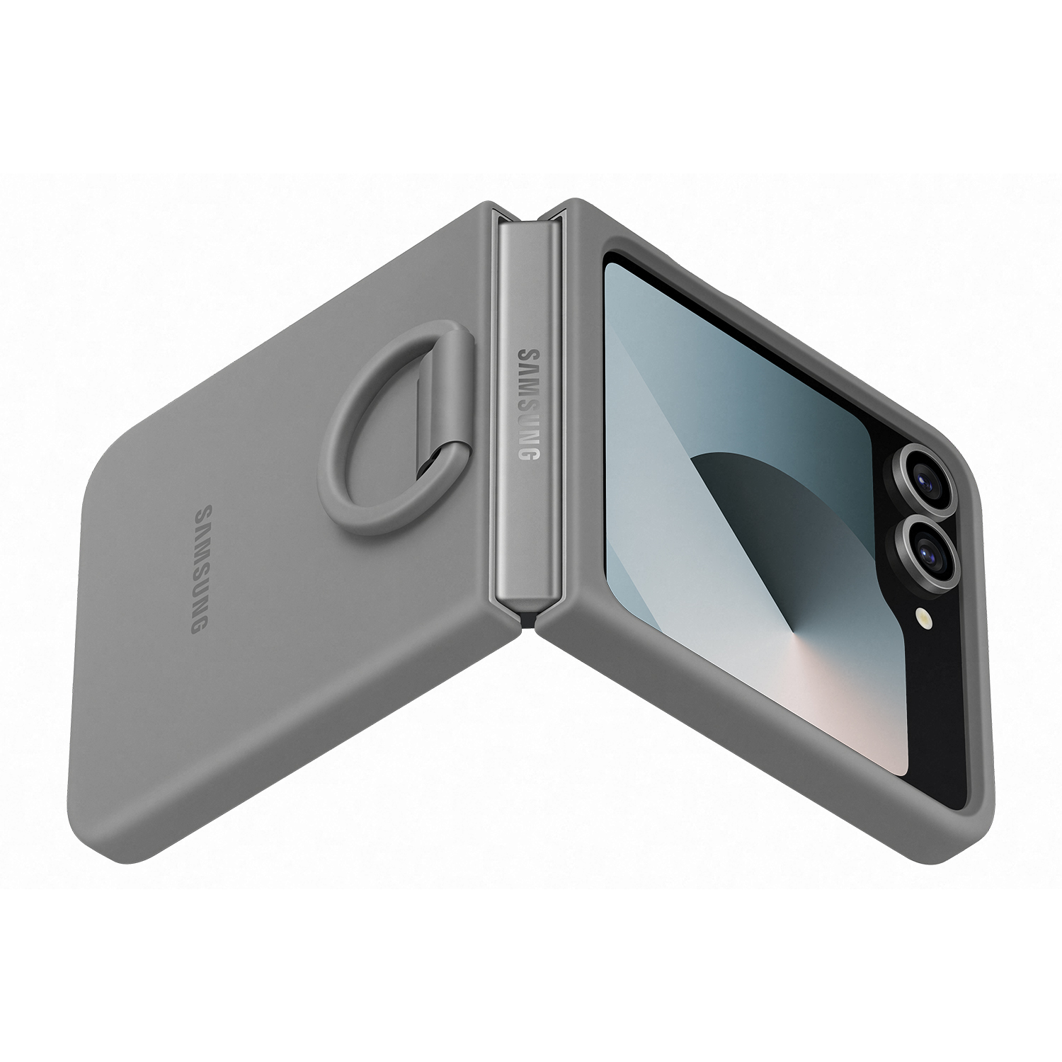 Teléfono Samsung gris, parcialmente abierto. El teléfono tiene un agarre de anillo y el logo de Samsung.