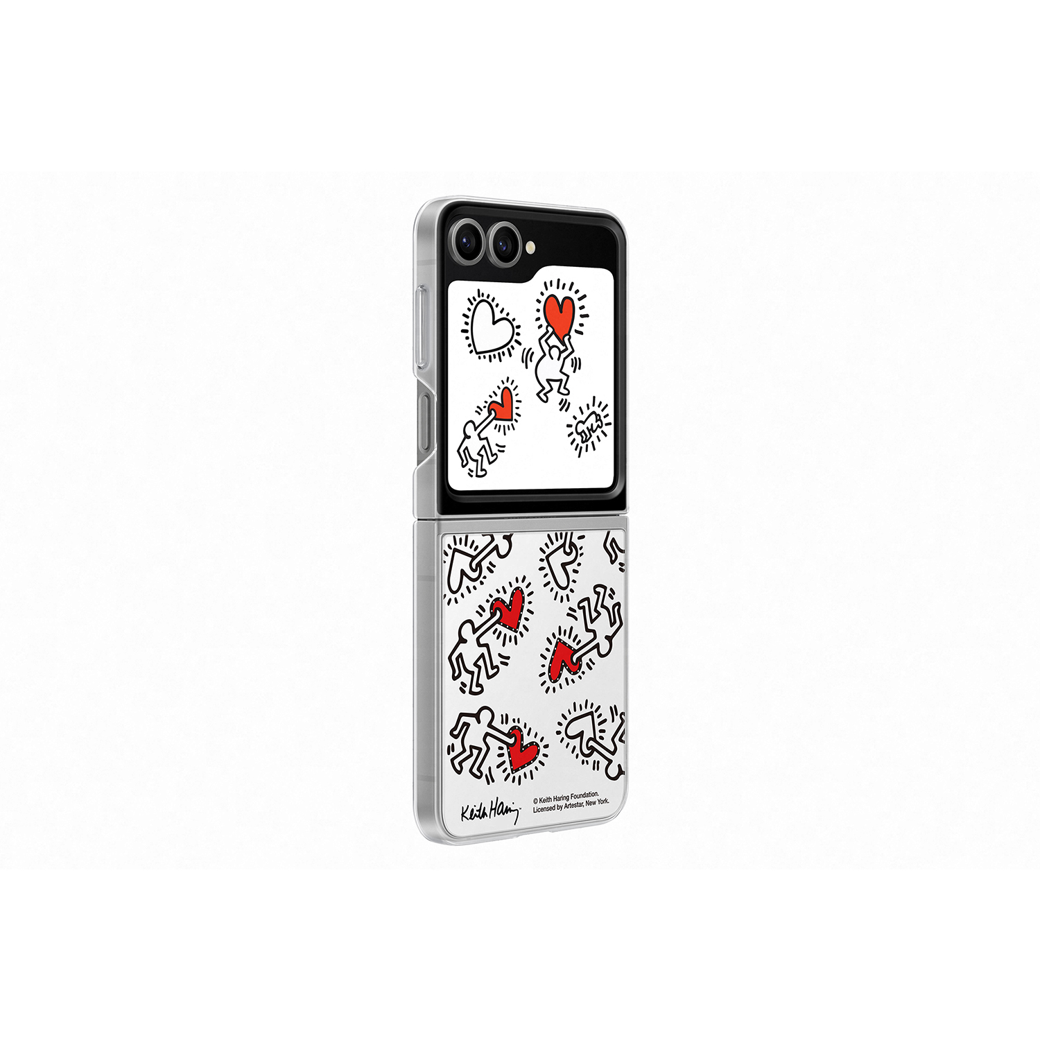 Un teléfono blanco con un diseño de Keith Haring, con figuras de palo y corazones, sobre fondo blanco.