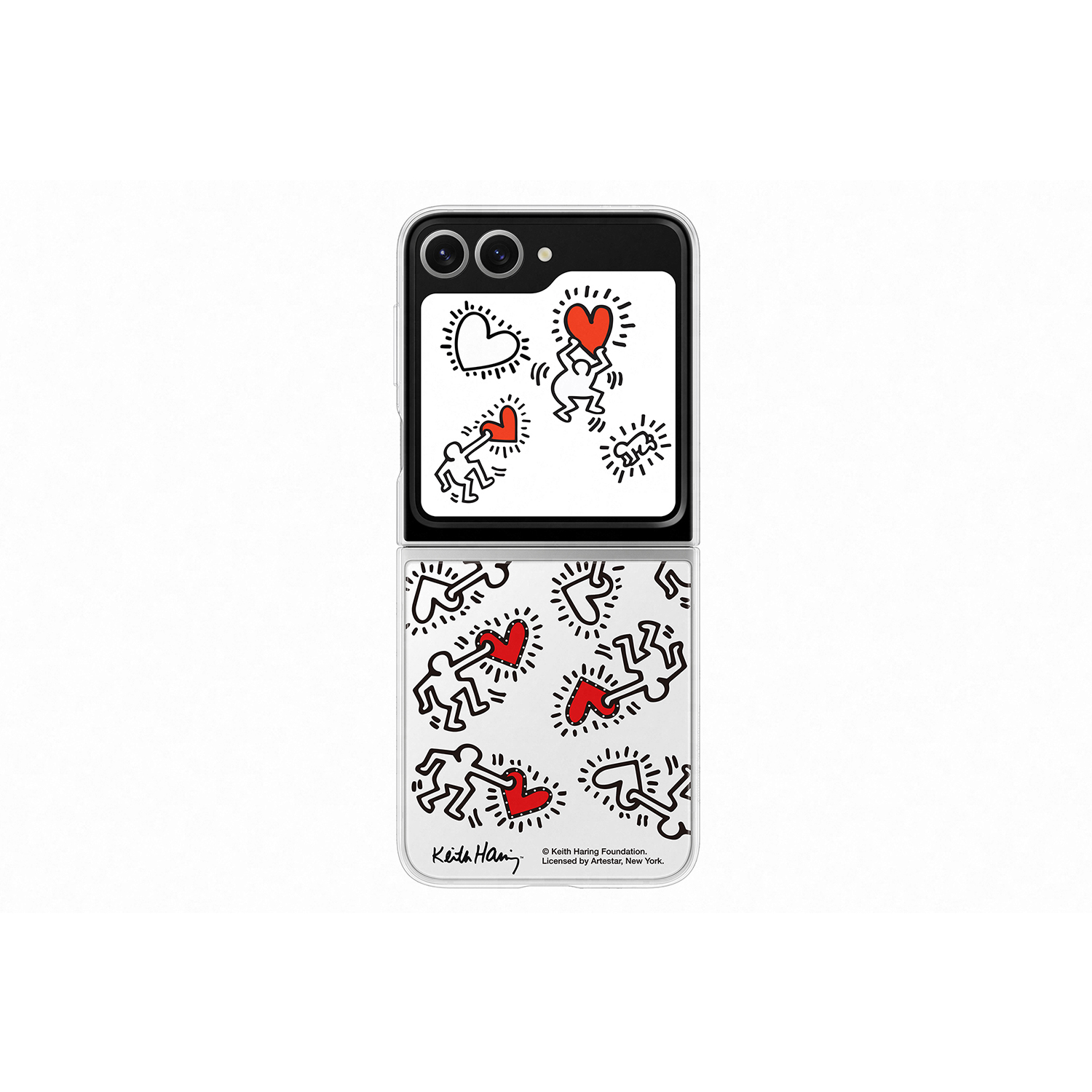 La imagen muestra una funda de teléfono blanca con un diseño de Keith Haring, abierta y cerrada.