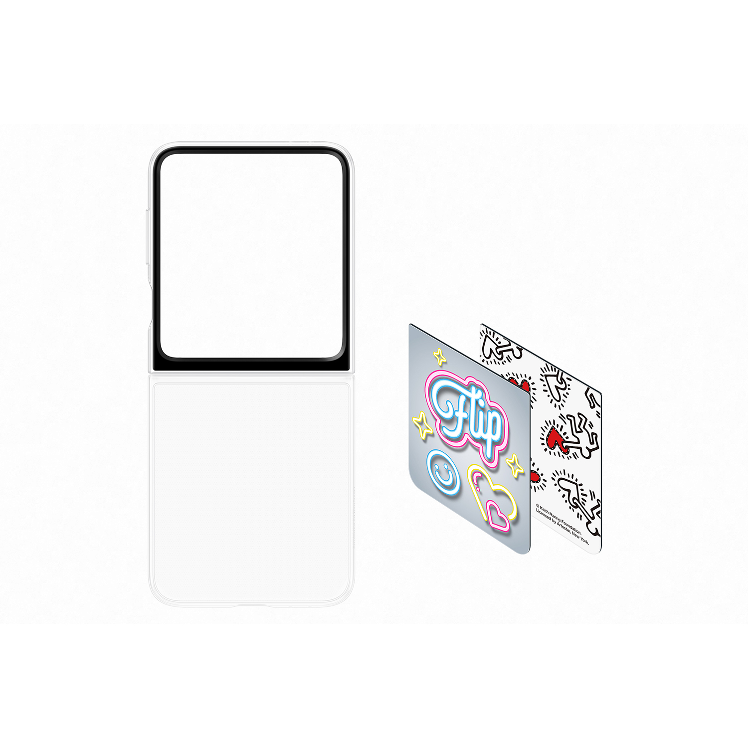 Teléfono semiabierto, una tarjeta al lado, con la palabra Flip e ilustraciones.