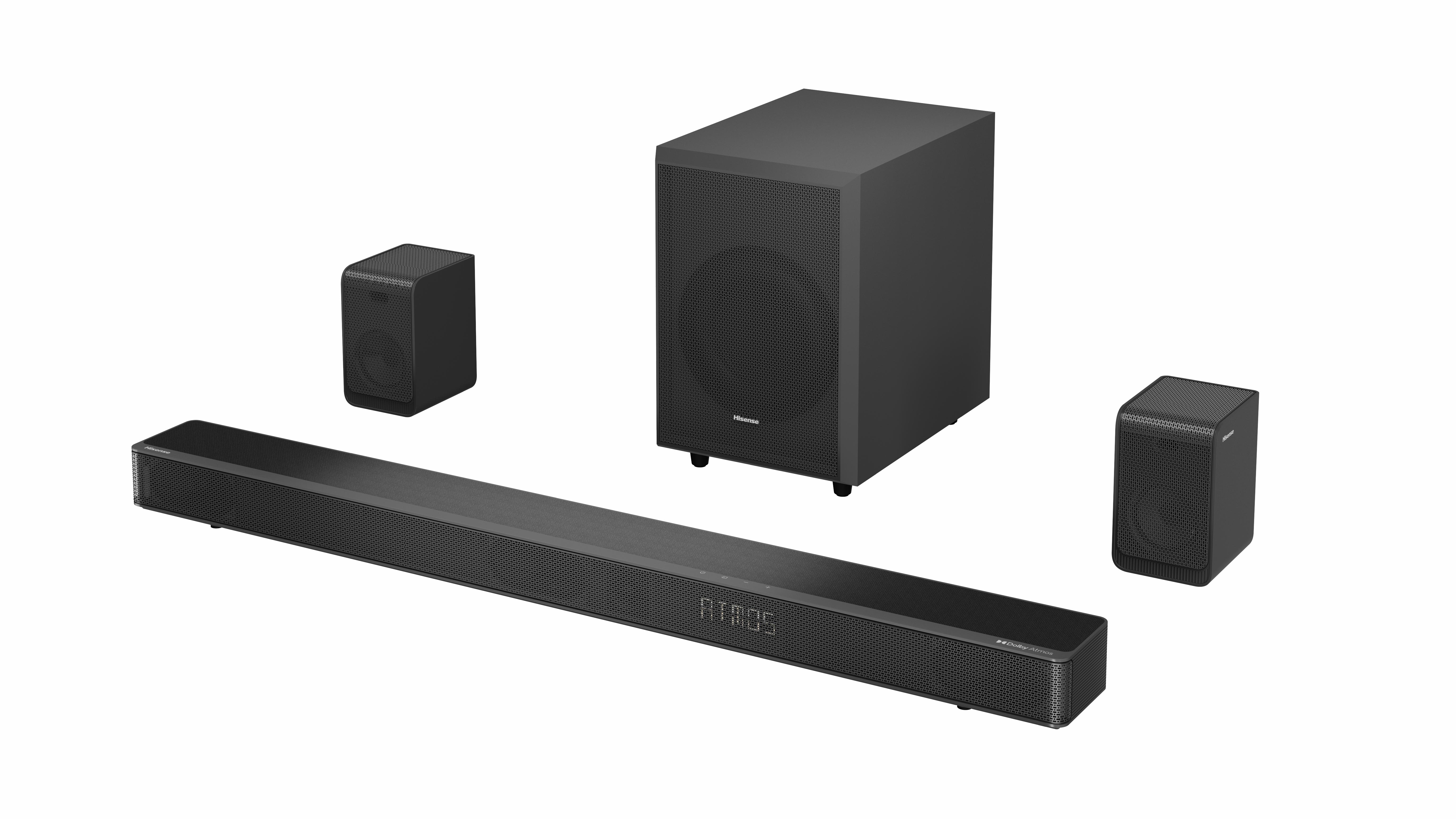 Eine schwarze Soundbar mit einem schwarzen Subwoofer und zwei kleinen Lautsprechern. Die Soundbar sagt ATMOS.