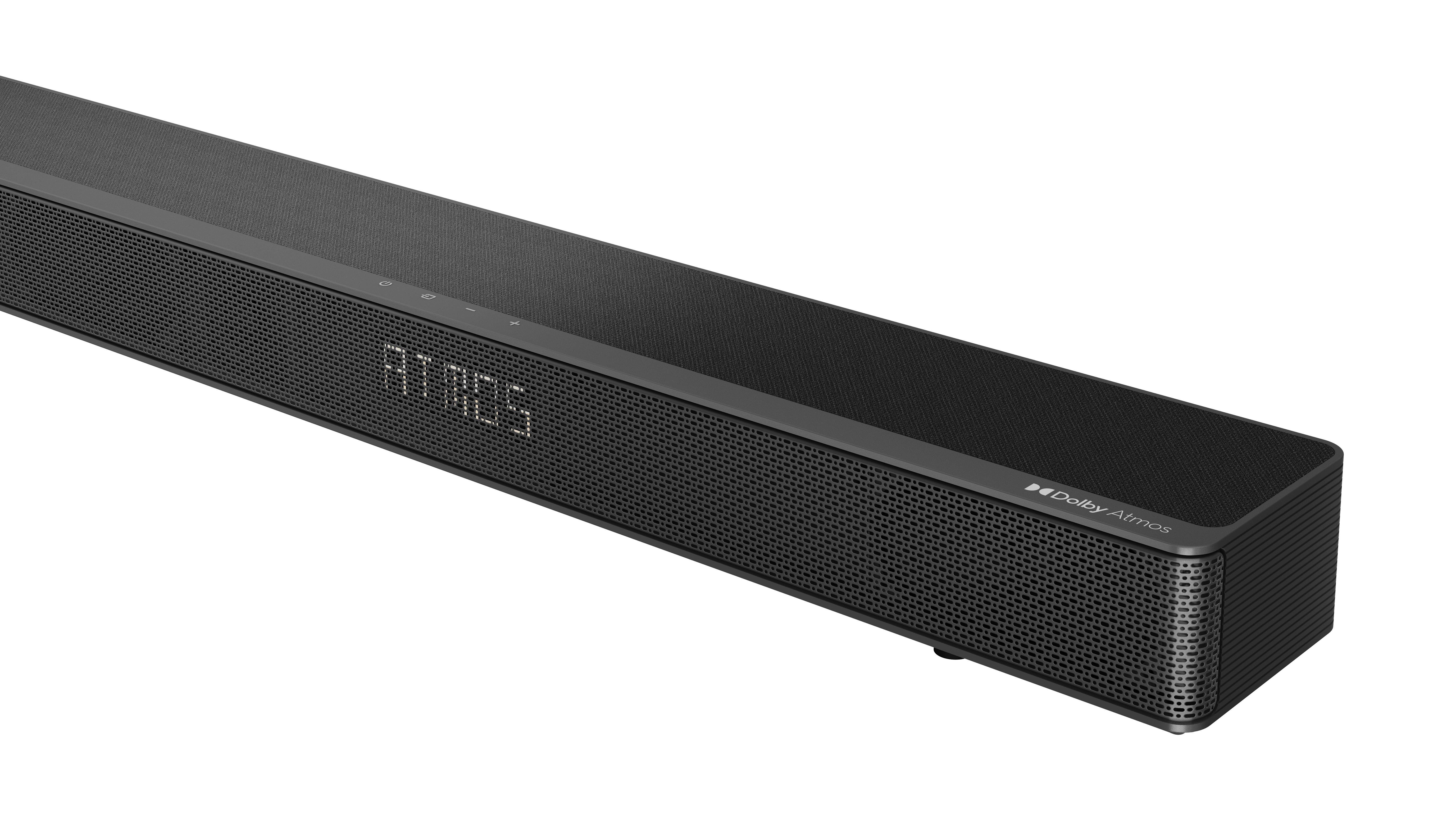 Eine schwarze Soundbar mit dem Wort 'ATMOS'. Dolby Atmos Logo auf der rechten Seite.