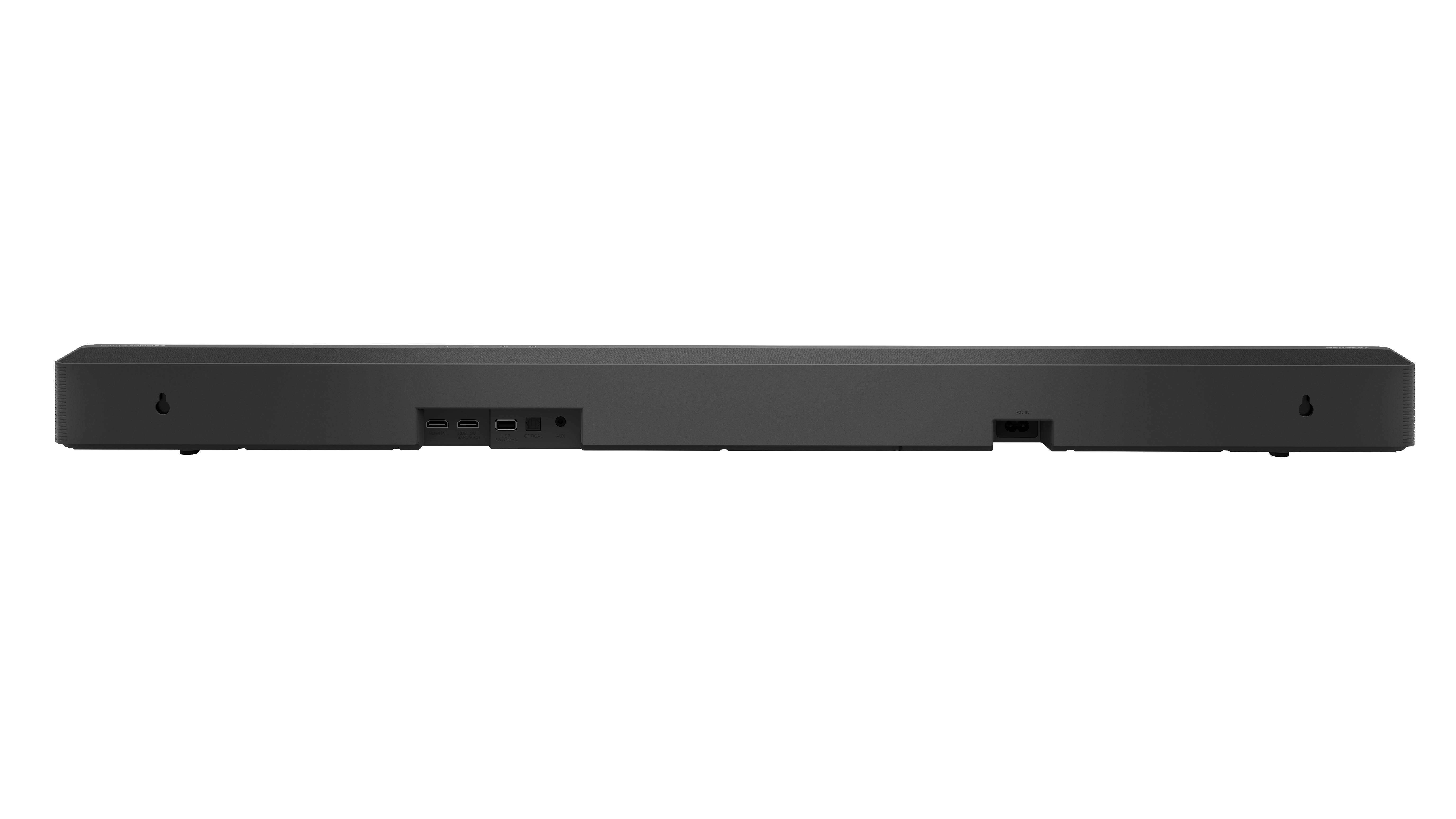 Schwarze Soundbar, Rückansicht, mit sichtbaren Anschlüssen und Steckern, auf weißem Hintergrund.