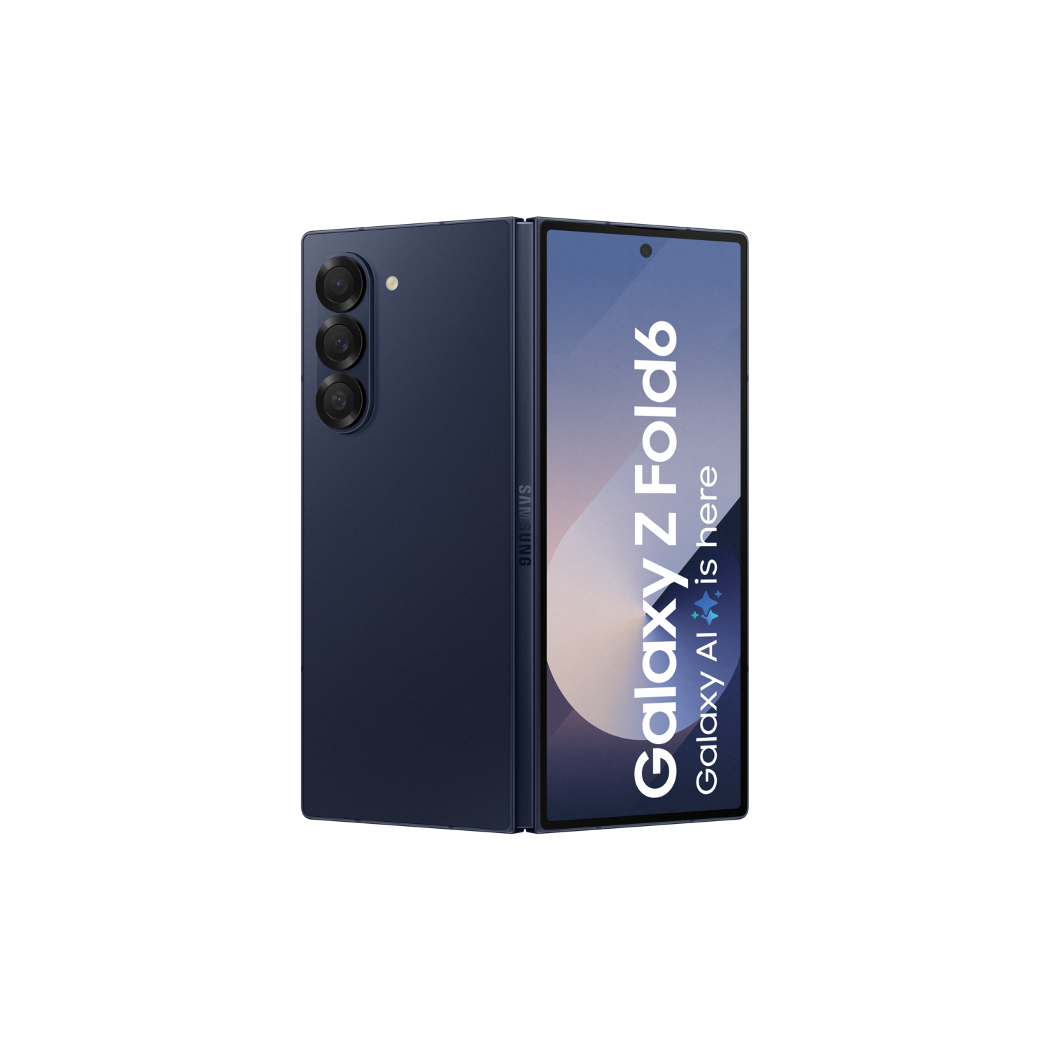 Blauwe Samsung Galaxy Z Fold6, opgevouwen. Buitenscherm toont Galaxy AI is here.