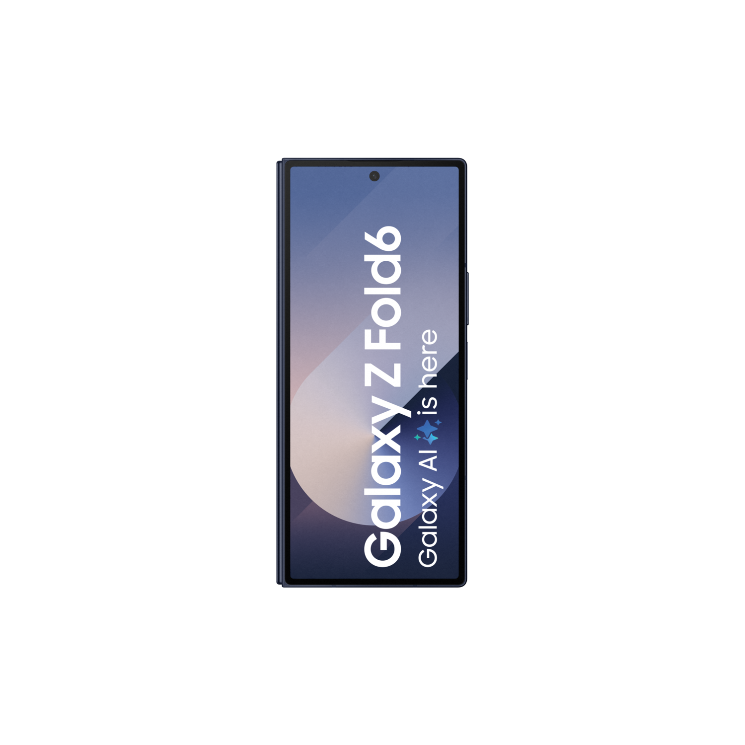 Galaxy Z Fold6 telefoon op zwarte achtergrond. Blauw getint scherm met tekst.