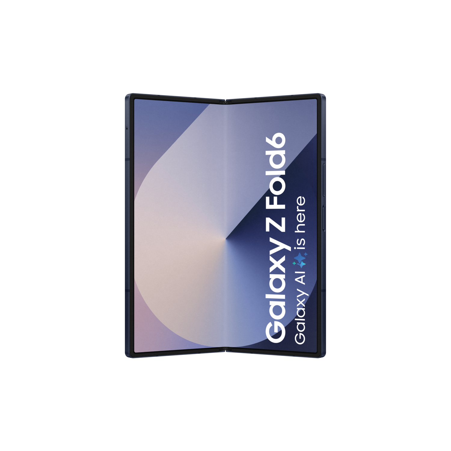 Een opengevouwen telefoon met een blauw/witte afbeelding. De tekst 'Galaxy Z Fold6' is zichtbaar.
