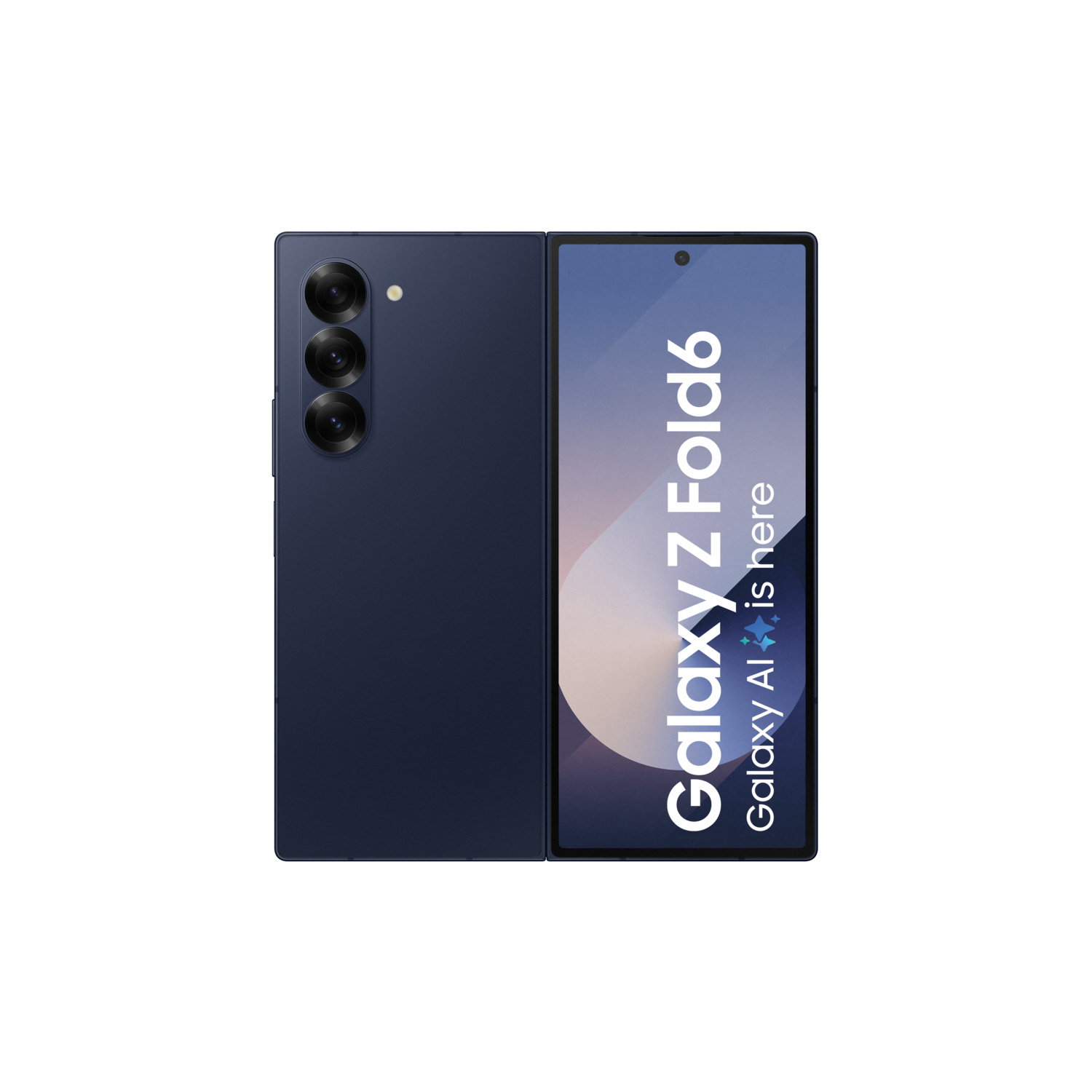 Blauwe opvouwbare telefoon, open, met scherm 'Galaxy Z Fold6', zwarte achtergrond.