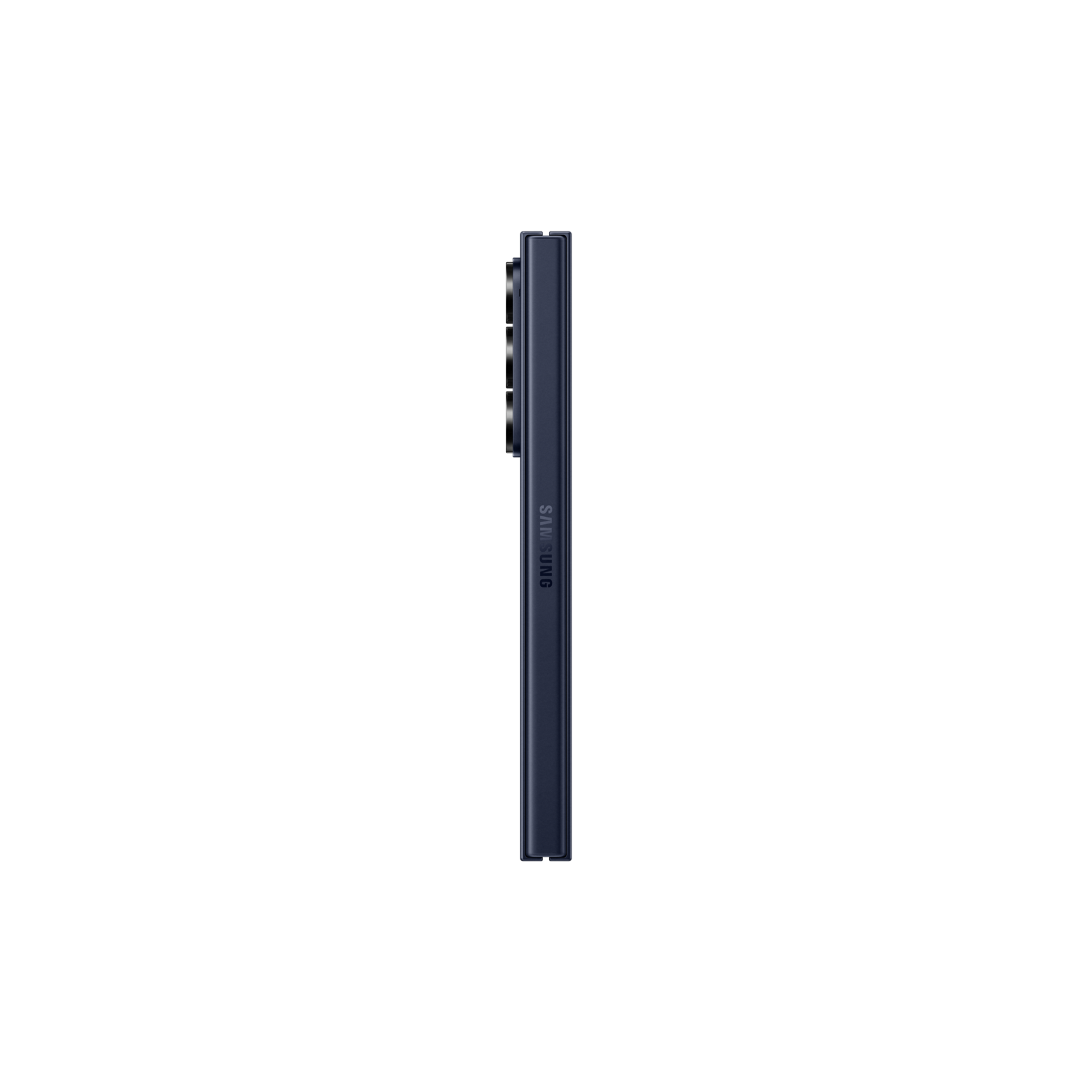 Zijaanzicht van een donkerblauwe smartphone, met een zwarte achtergrond.