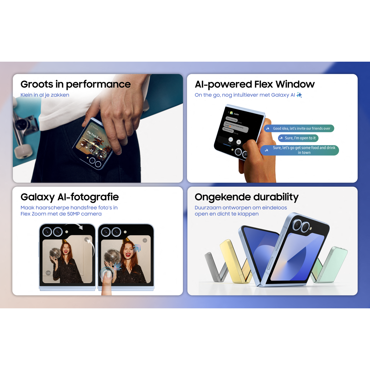 Een multi-paneelafbeelding met het gebruik van de functies van de Samsung Galaxy Z Flip6.