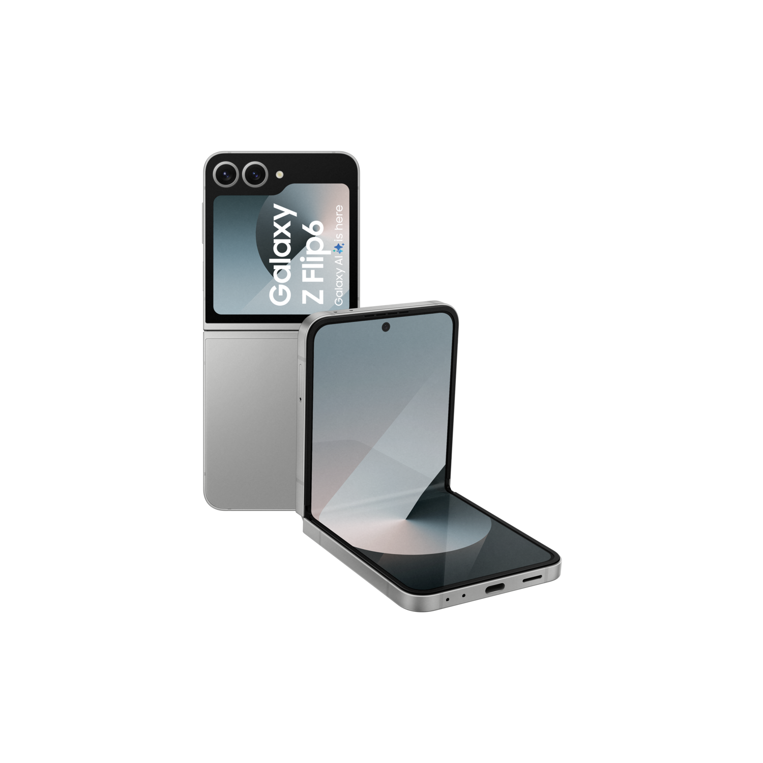 Zilveren telefoon met een opgevouwen en uitgevouwen scherm. Toont de woorden "Galaxy Z Flip6".