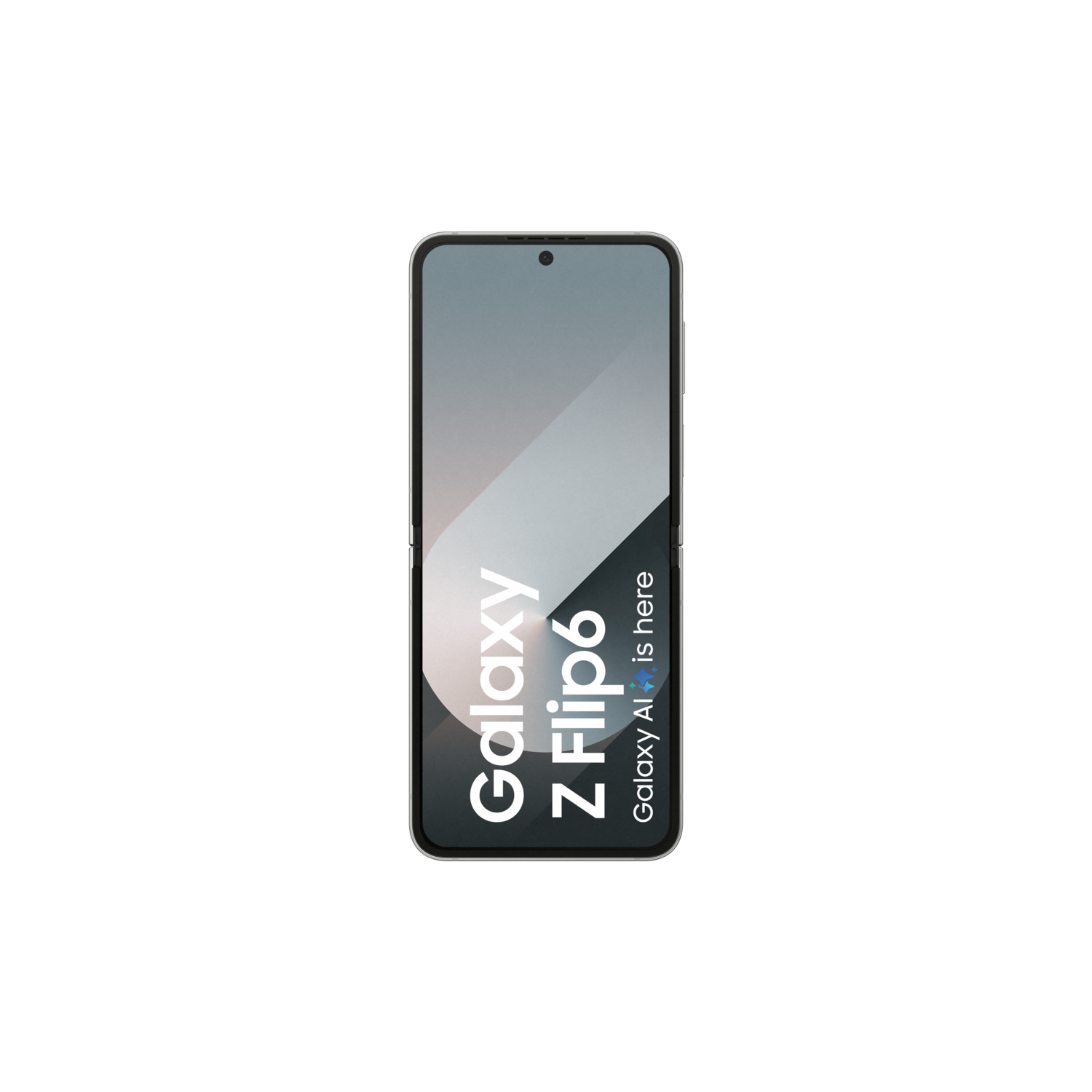 Een gesloten Galaxy Z Flip6 telefoon op een zwarte achtergrond. Het scherm toont de naam en functies van de telefoon.
