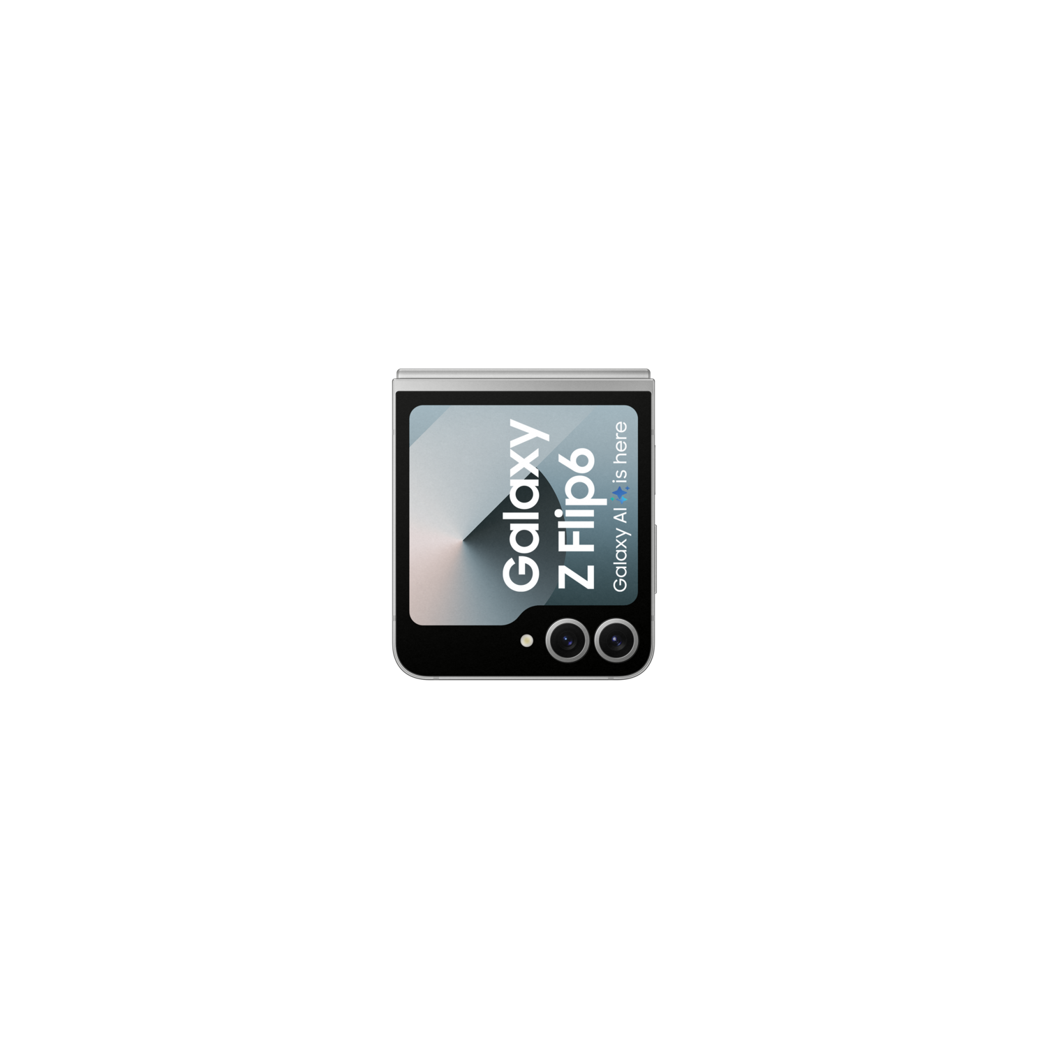 Opvouwbare telefoon op zwarte achtergrond, open. 'Galaxy Z Flip6' is geschreven.