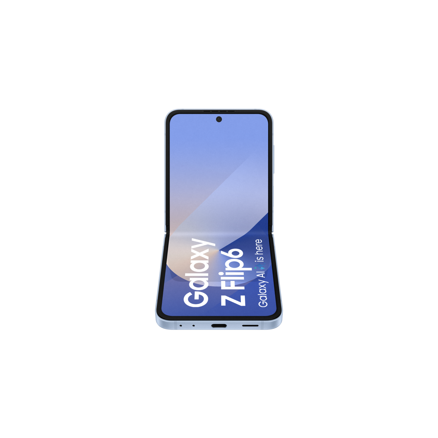 Foldable phone, Galaxy Z Flip6 is written on the screen, black background, blue frame.