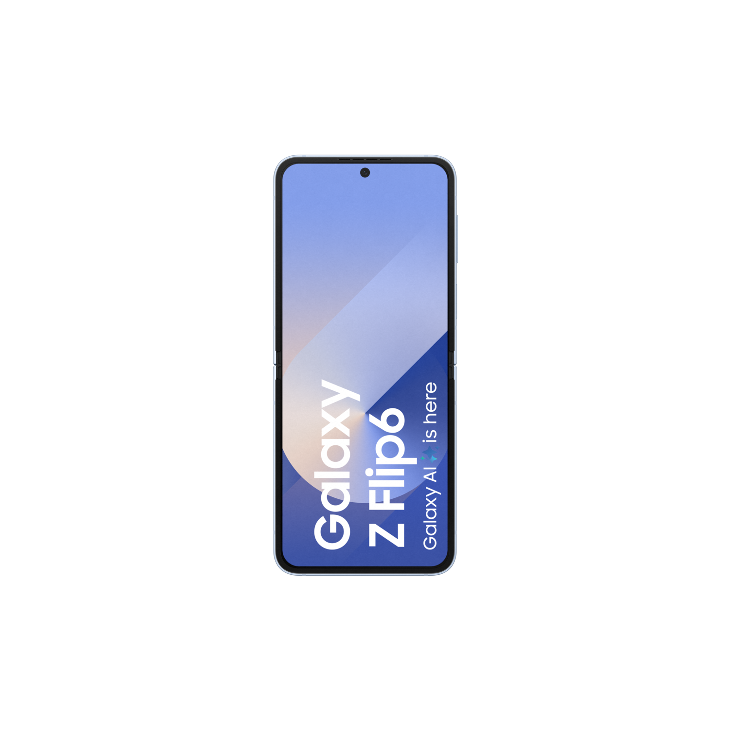 Foldable phone, blue screen, black background. Text: Galaxy Z Flip6. 'Galaxy AI is here' below the text.