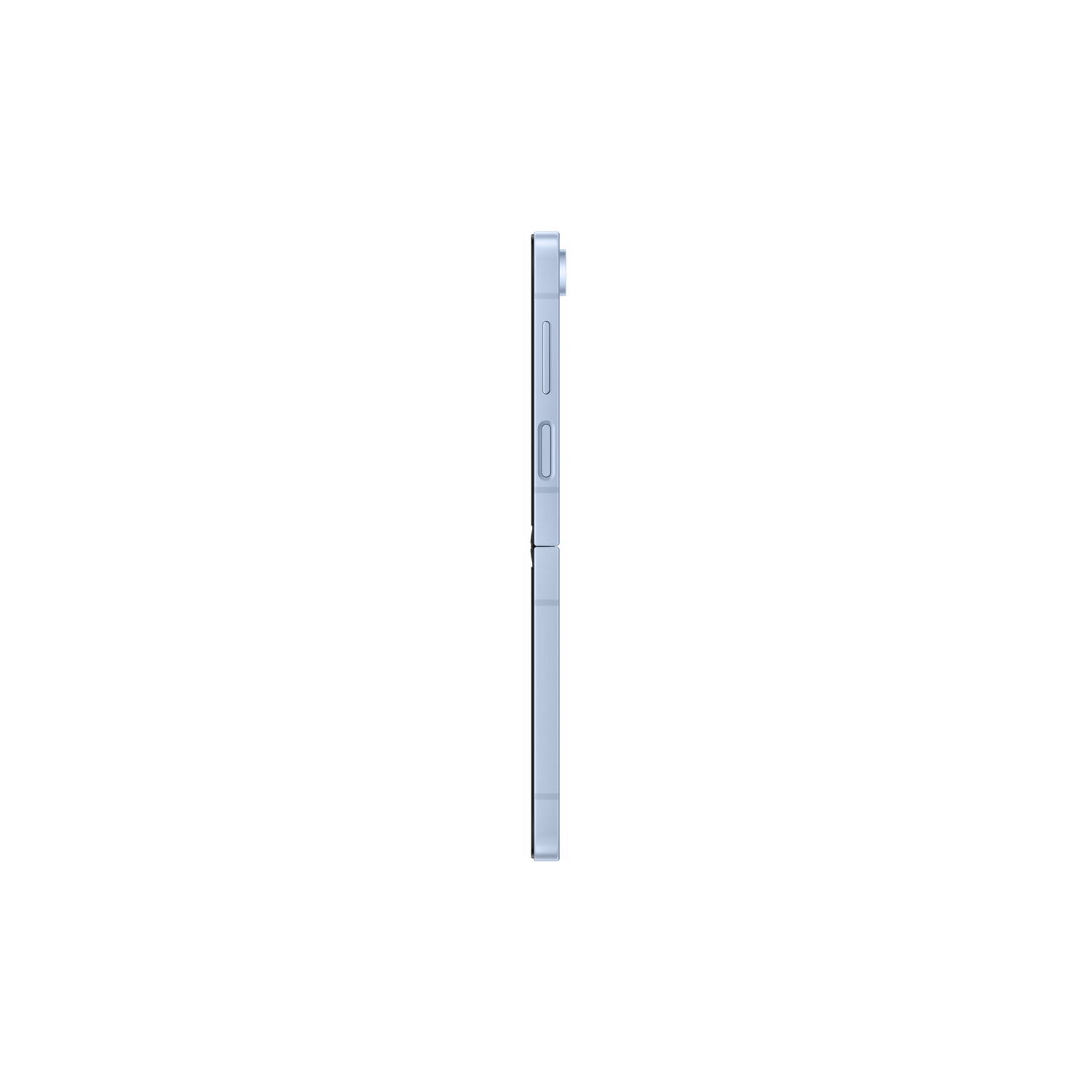 A light-blue phone is shown from its side against a black background. The phone is closed.