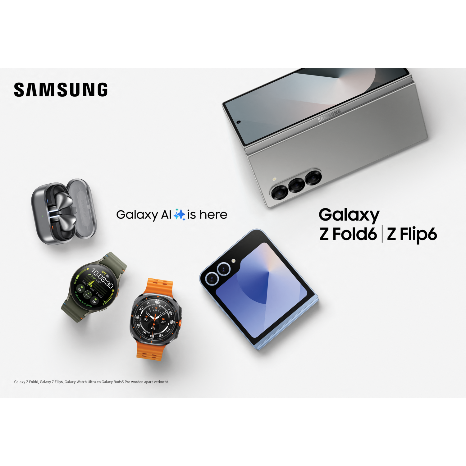 Samsung products on a white surface, including phones, watches, and earbuds.