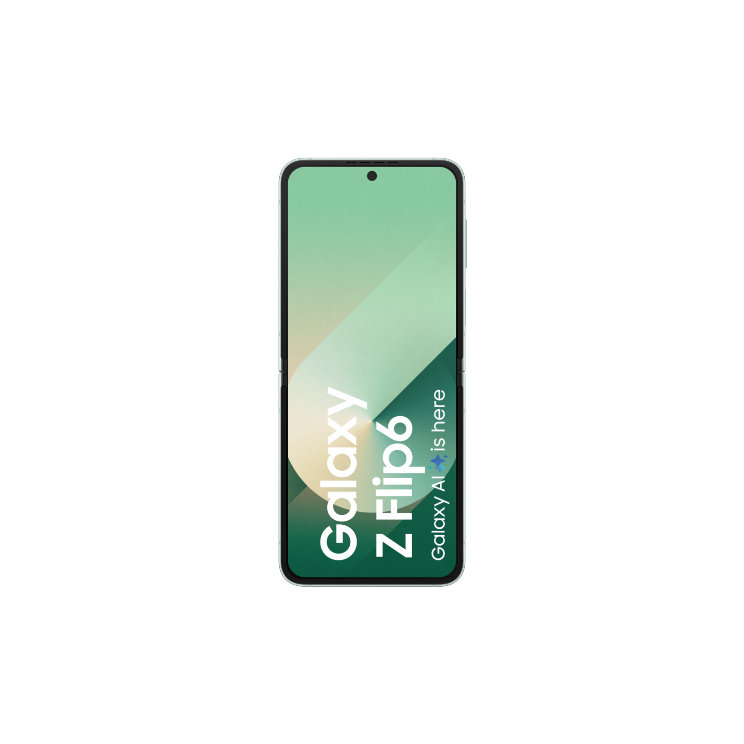 Foldable phone with a green screen showing the text "Galaxy Z Flip6" on a black background.
