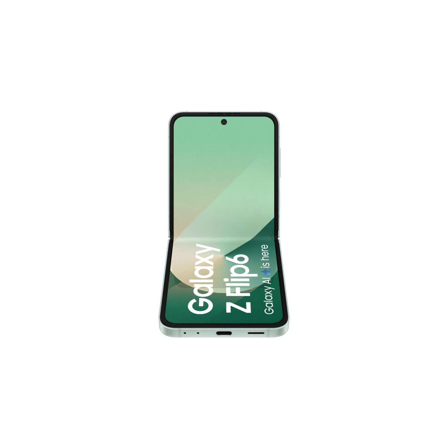 Opgevouwen mintgroene telefoon op een zwarte achtergrond. Het scherm licht op.