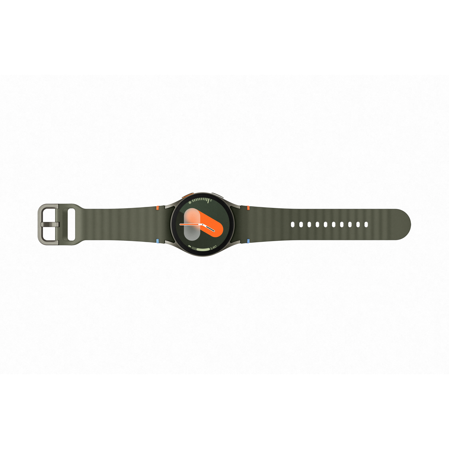 Groene smartwatch met een oranje ontwerp en band.