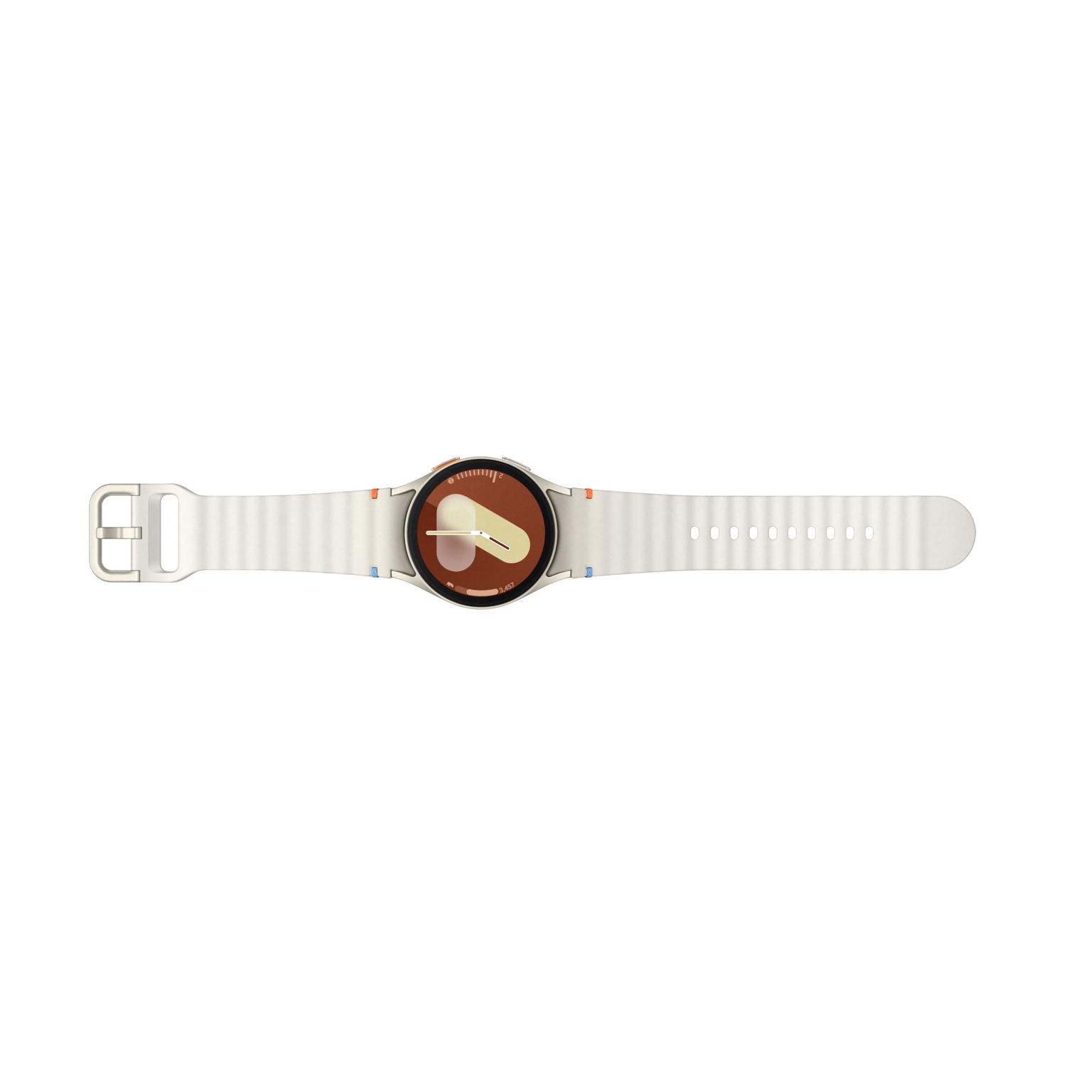 A smartwatch with a white strap, on a black background. The screen shows the watch face.