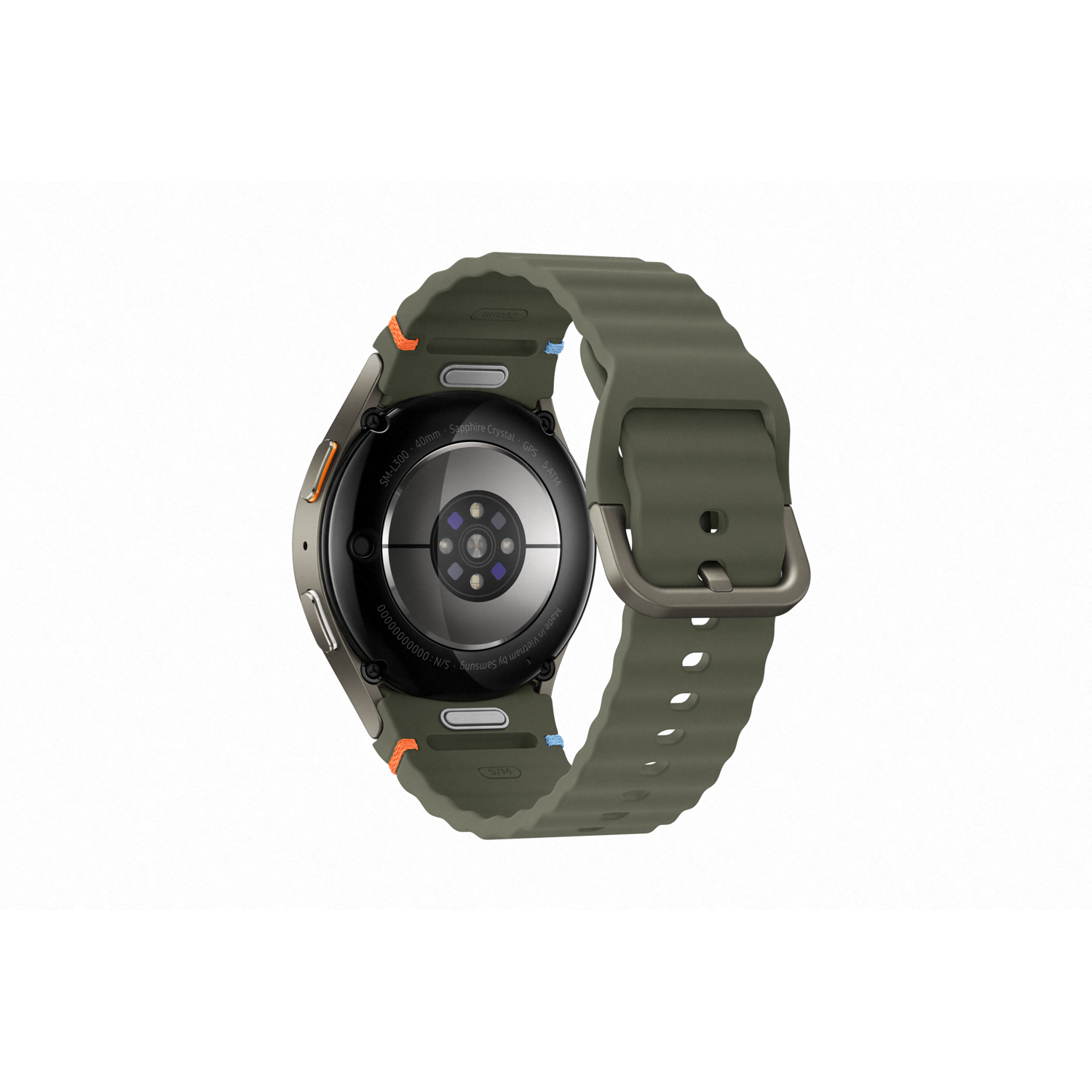 Achteraanzicht van een smartwatch met olijfgroene band, zwarte achterkant en oranje en blauwe accenten.