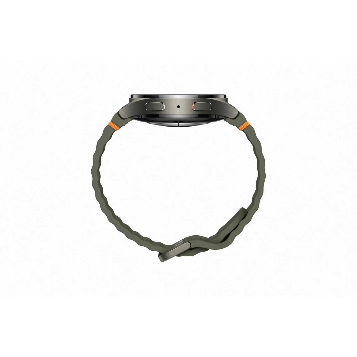 Zijaanzicht van een groene smartwatch met een gestructureerde band. Oranje accenten op de band.