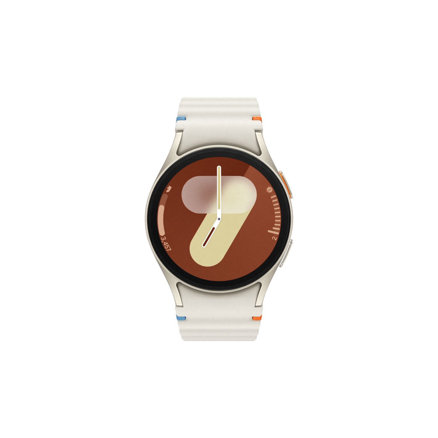 A white smartwatch with a brown dial, showing the time. Black background.