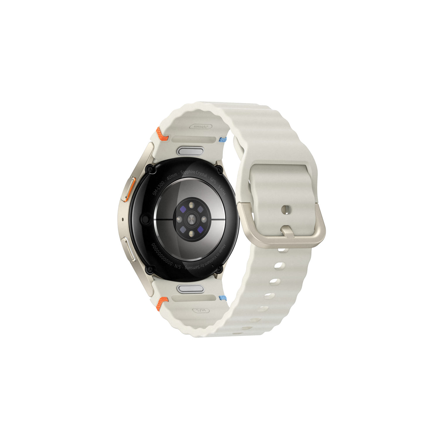 Back view of a white smartwatch with a white band, on a black background.