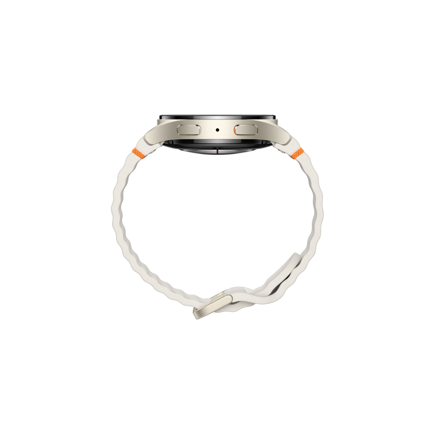 A top-down view of a watch with a white band and orange accents, set against a black background.