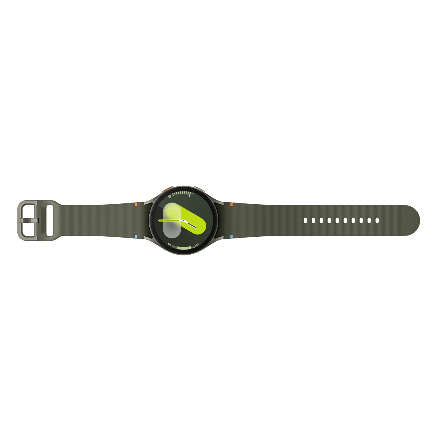 Een horloge met een groene band op een zwarte achtergrond. Het horloge toont de tijd.