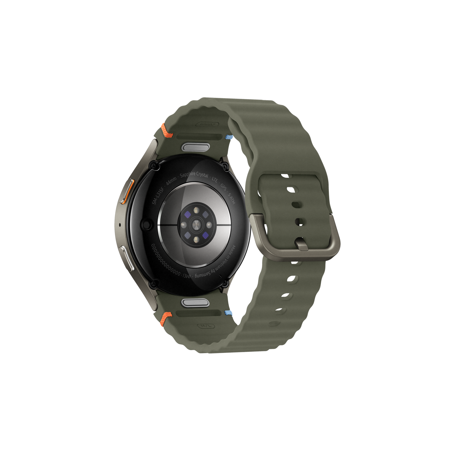 A top-down view of a Samsung smartwatch, showing the back, with a green strap.