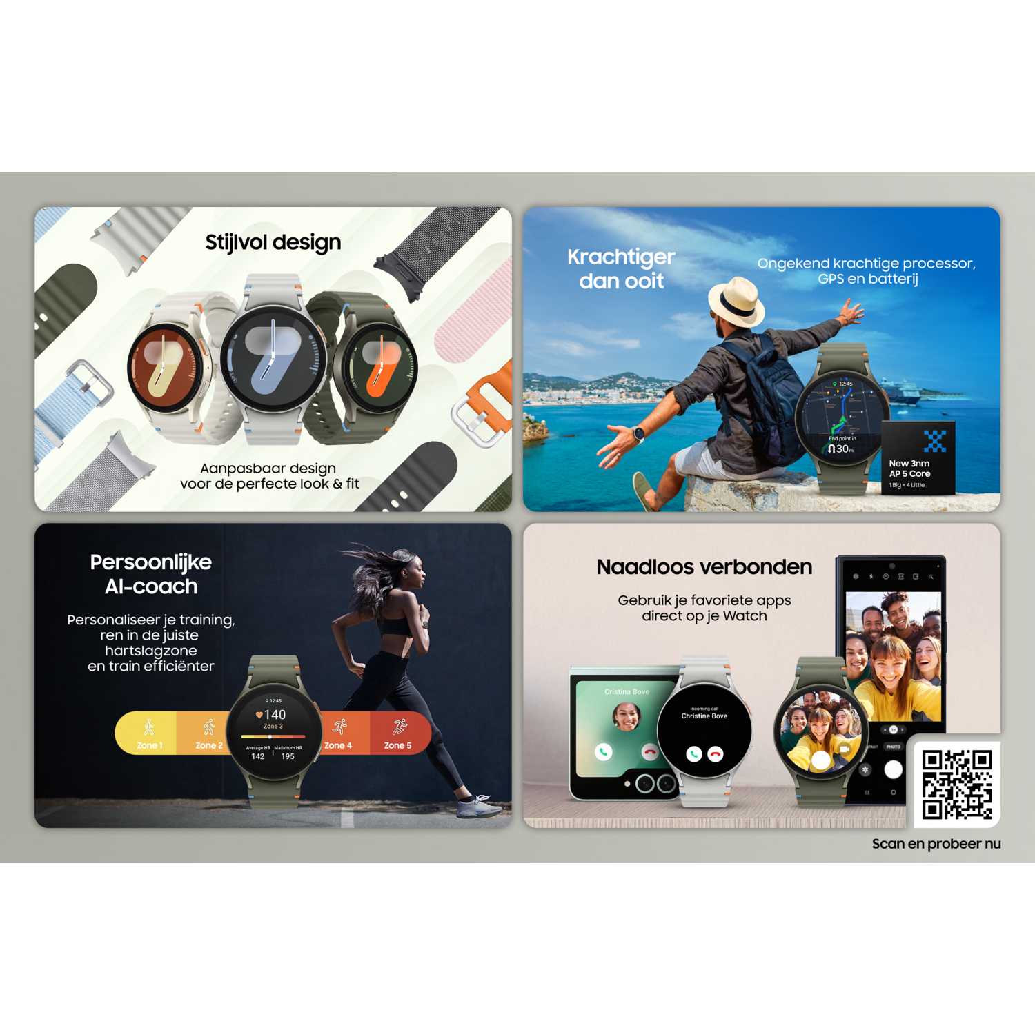Een collage met een smartwatch met verschillende functies en ontwerpen.