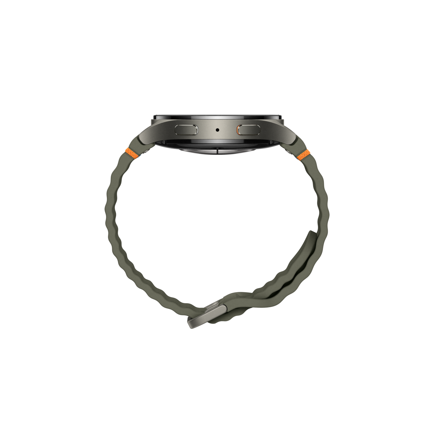 Side view of a smartwatch with a gray body and a green strap, on a black background.