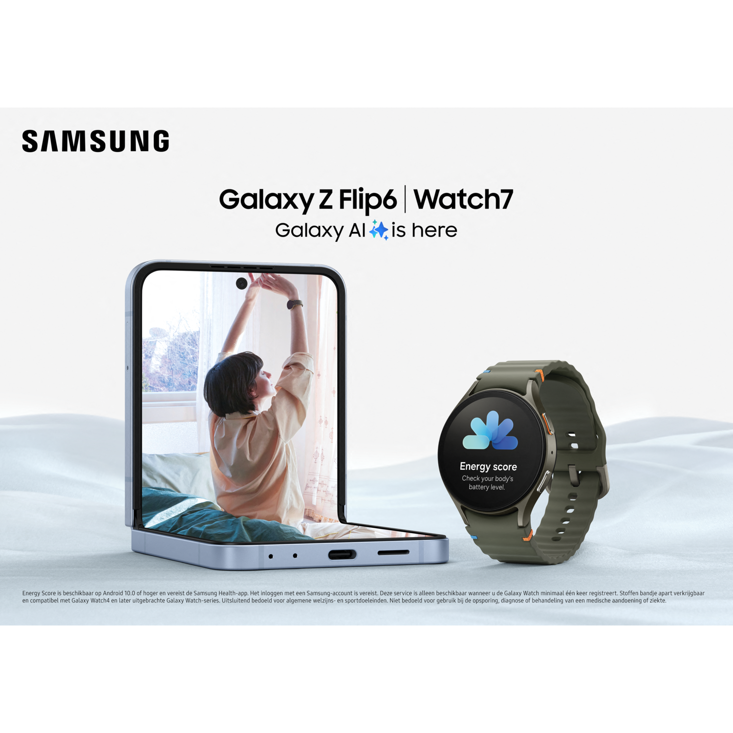 Samsung phone and Watch7 ad. A woman stretching on the screen of the phone.