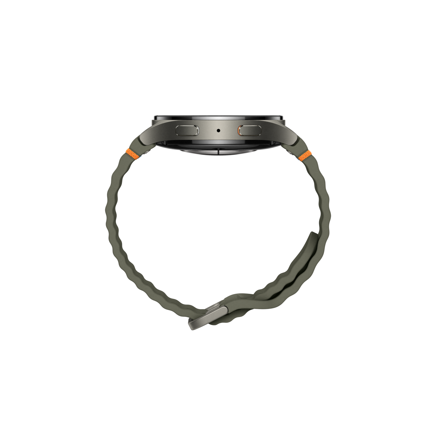 Zijaanzicht van een smartwatch met een oranje bandje op een zwarte achtergrond.