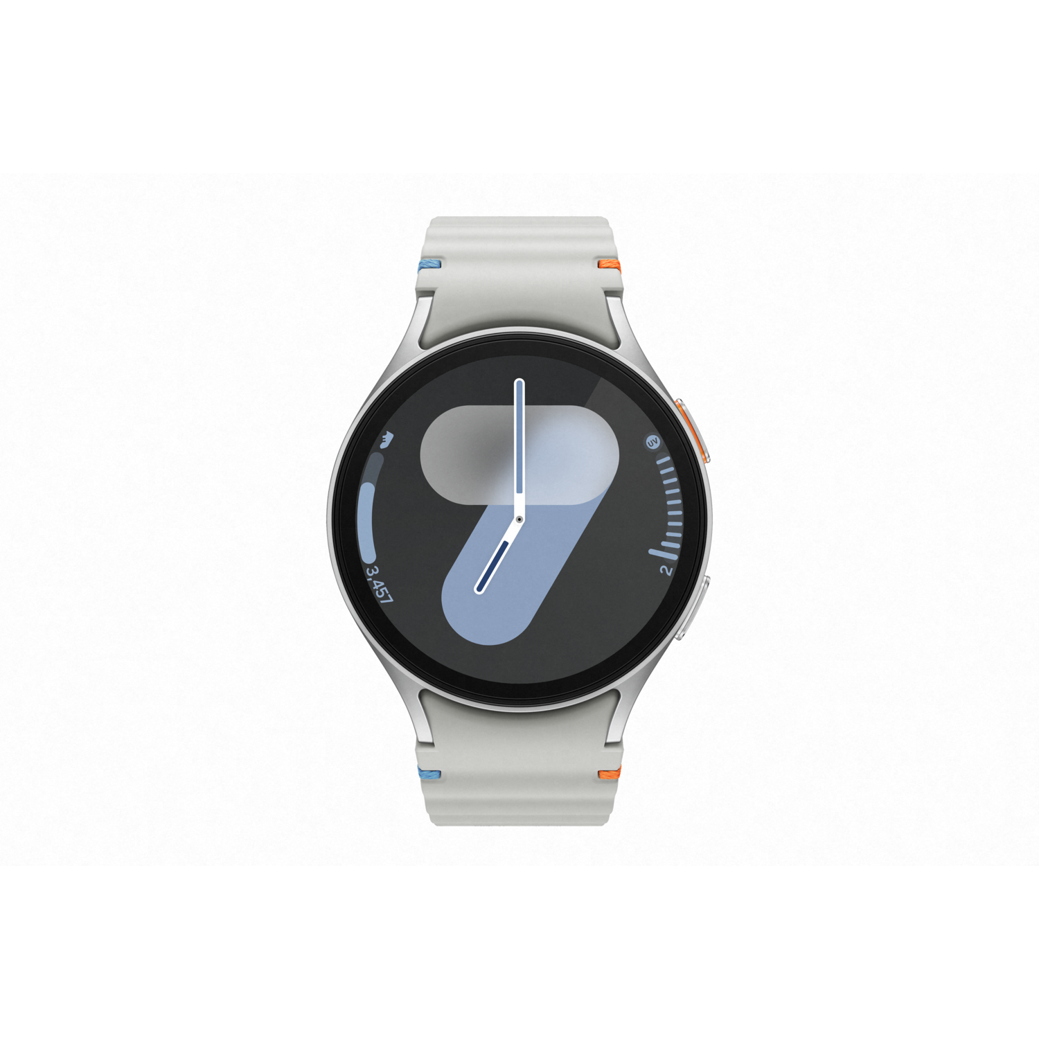Zilveren smartwatch met een witte band, met een digitaal display.