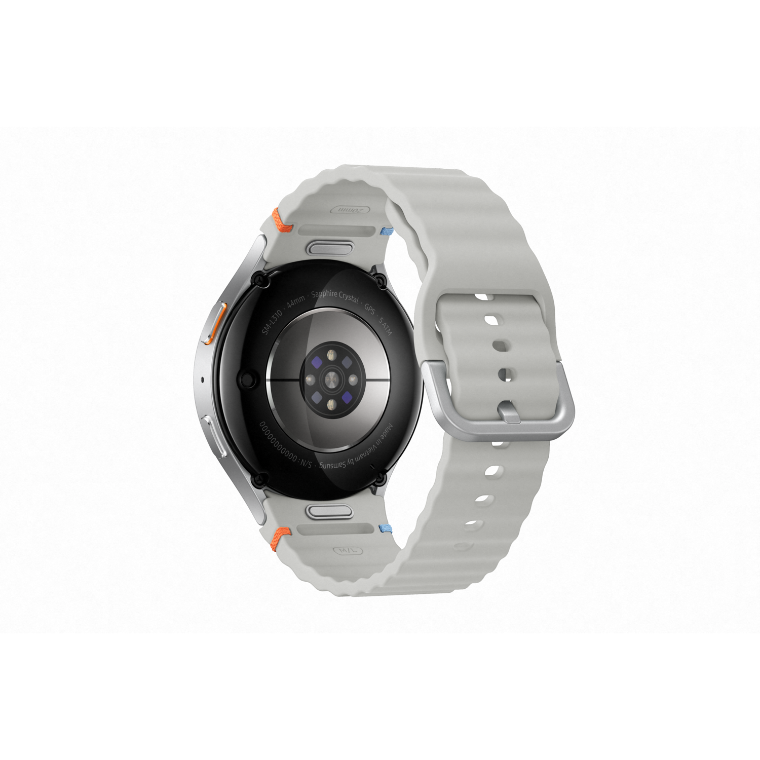 Witte smartwatch, achteraanzicht, met een lichtgrijze band. Voorzien van sensoren en zilveren ring.
