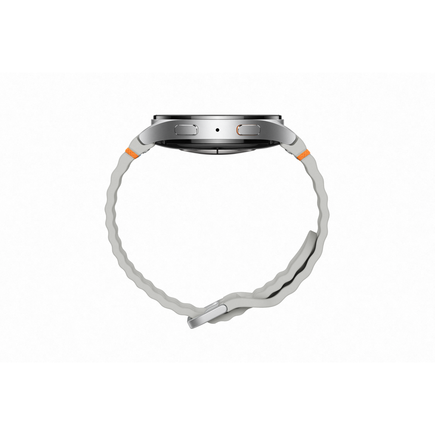 Een smartwatch van de zijkant, met de wijzerplaat en een grijze band met oranje accenten.