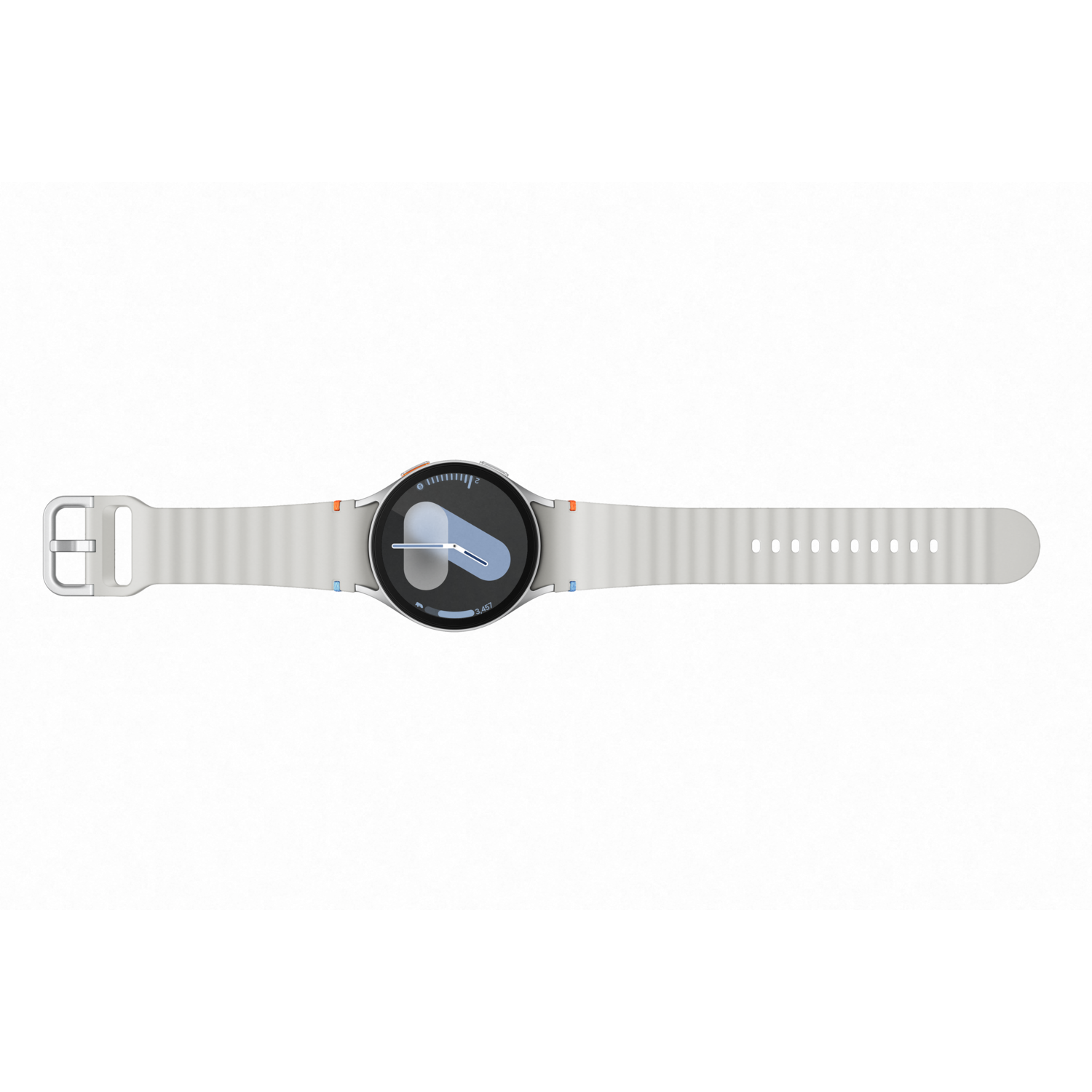 Witte smartwatch met een witte band, op een witte achtergrond. De wijzerplaat is zichtbaar.