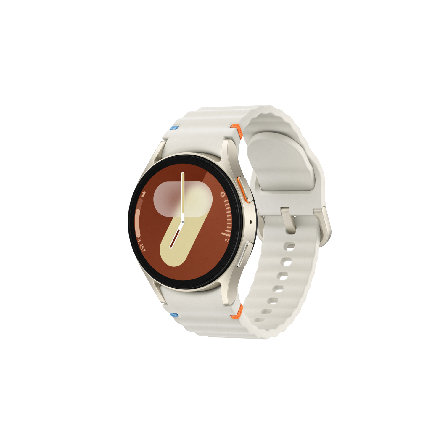 Een witte smartwatch met crèmekleurige wijzerplaat, oranje accenten en witte band tegen zwarte achtergrond.