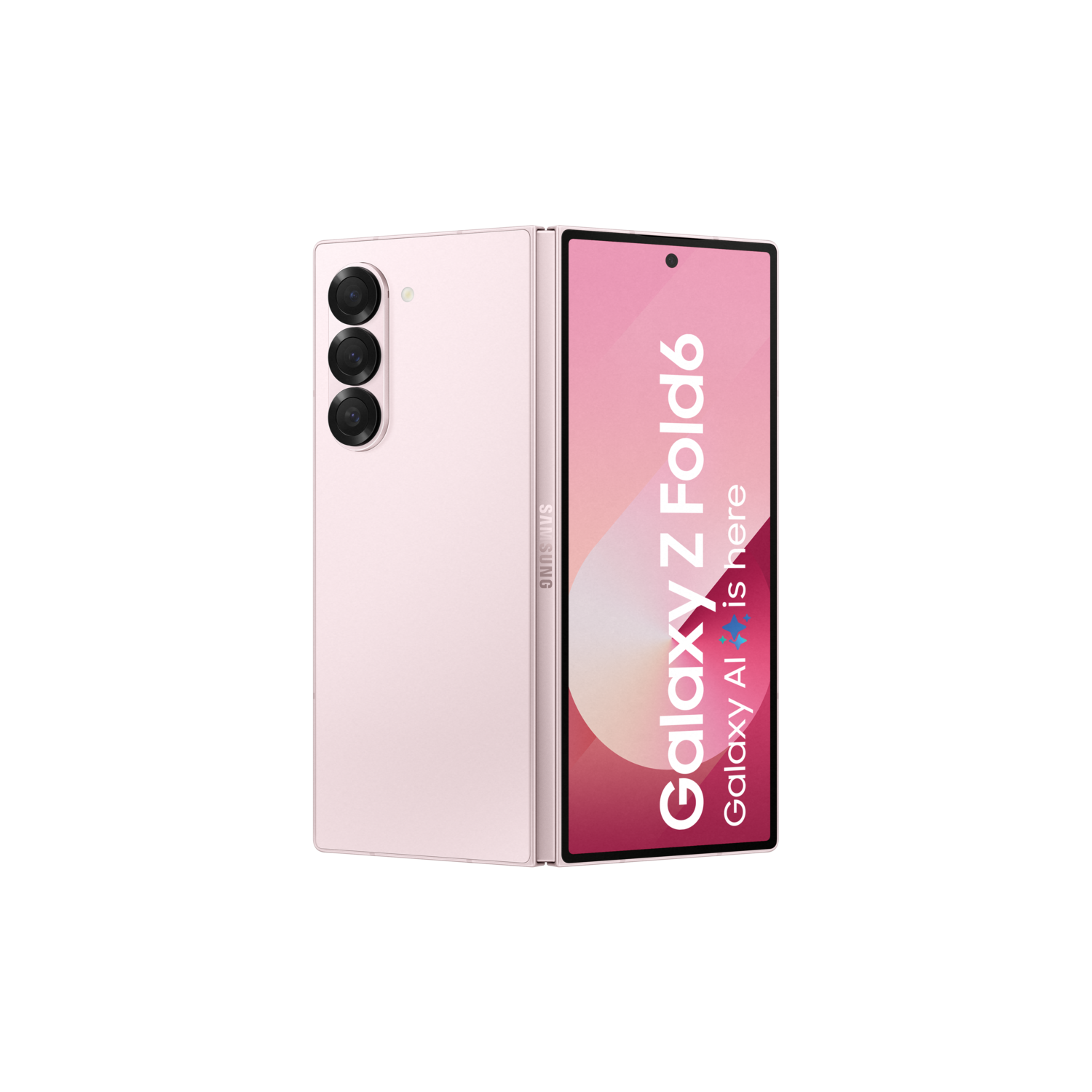 Roze opvouwbare telefoon, vooraanzicht, met Galaxy Z Fold6 tekst.