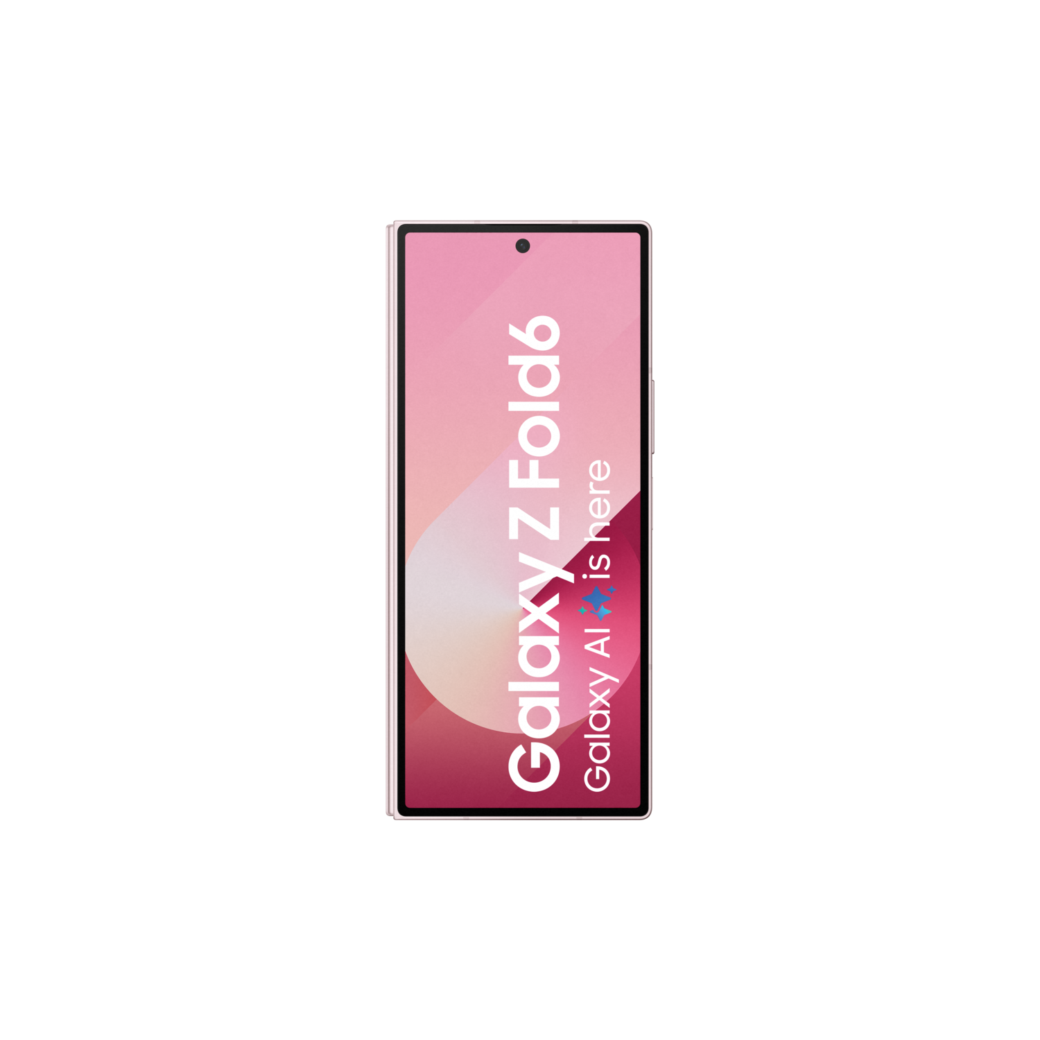 Roze Galaxy Z Fold6 telefoon, opgevouwen, op zwarte achtergrond. Scherm toont tekst.