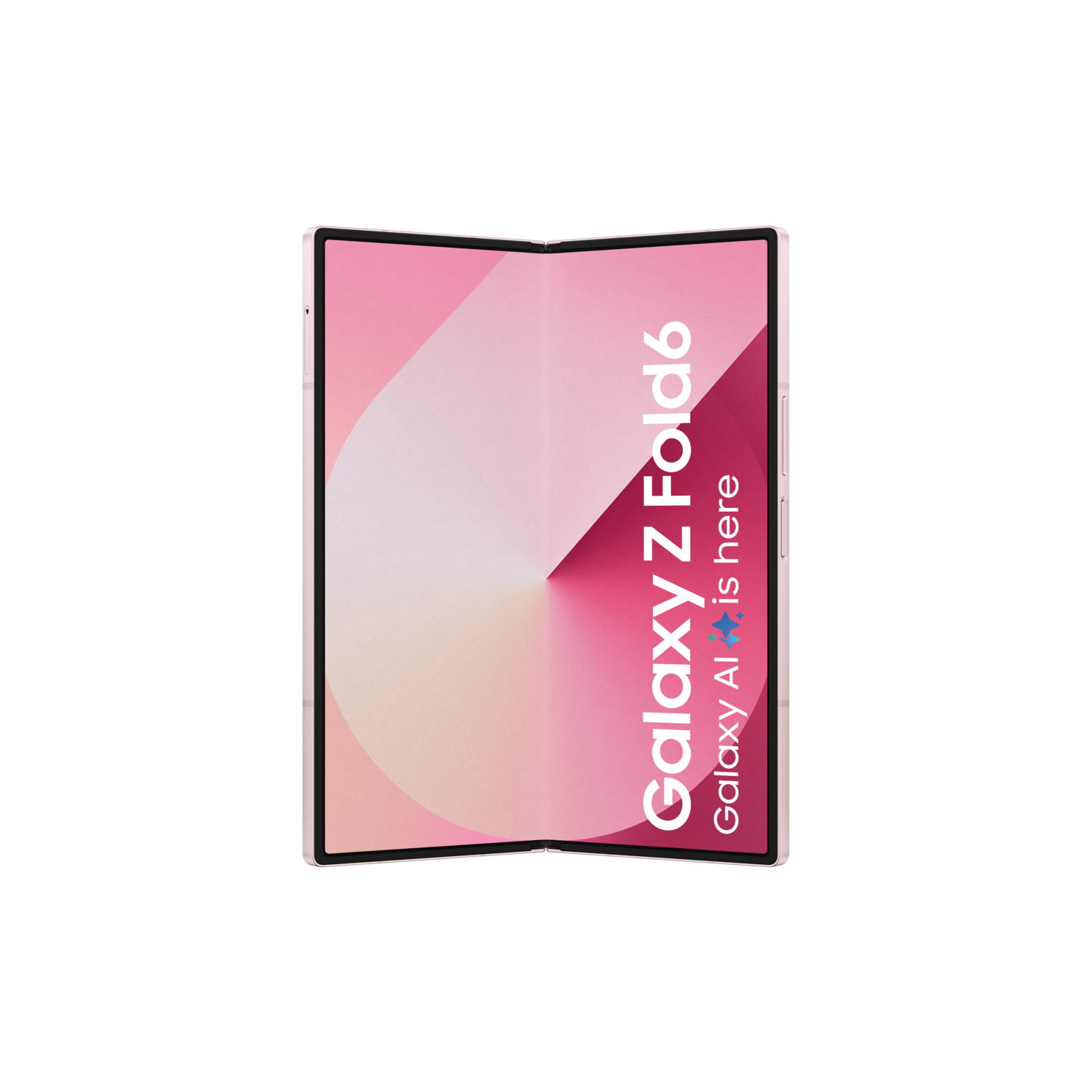 Roze Galaxy Z Fold6 in opgevouwen positie op een zwarte achtergrond.
