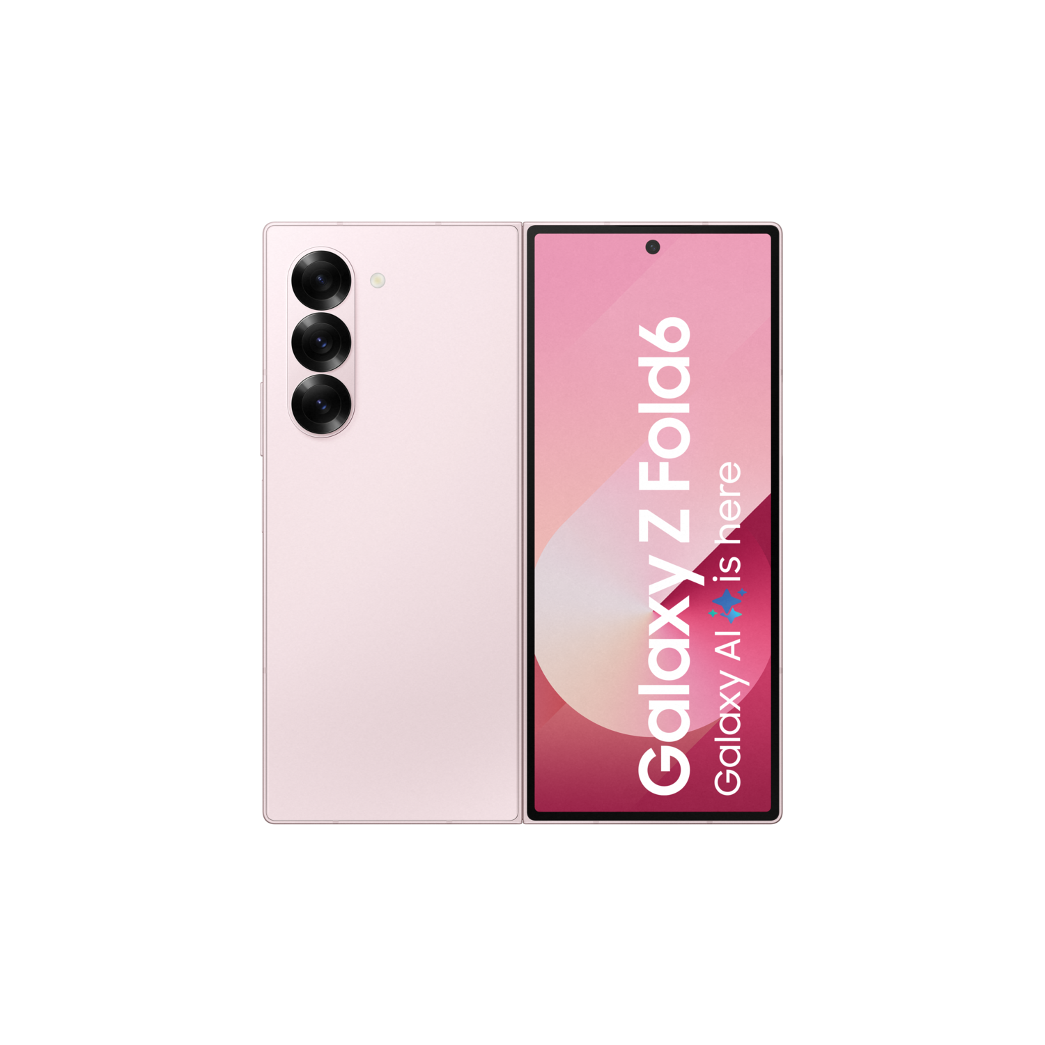 Roze Samsung Z Fold6 telefoon, opengeklapt, met tekst op het scherm, zwarte achtergrond.