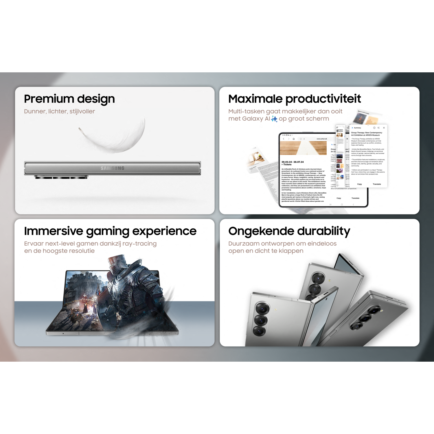 Afbeelding met tekst en afbeeldingen over premium design, productiviteit, ervaring en duurzaamheid.