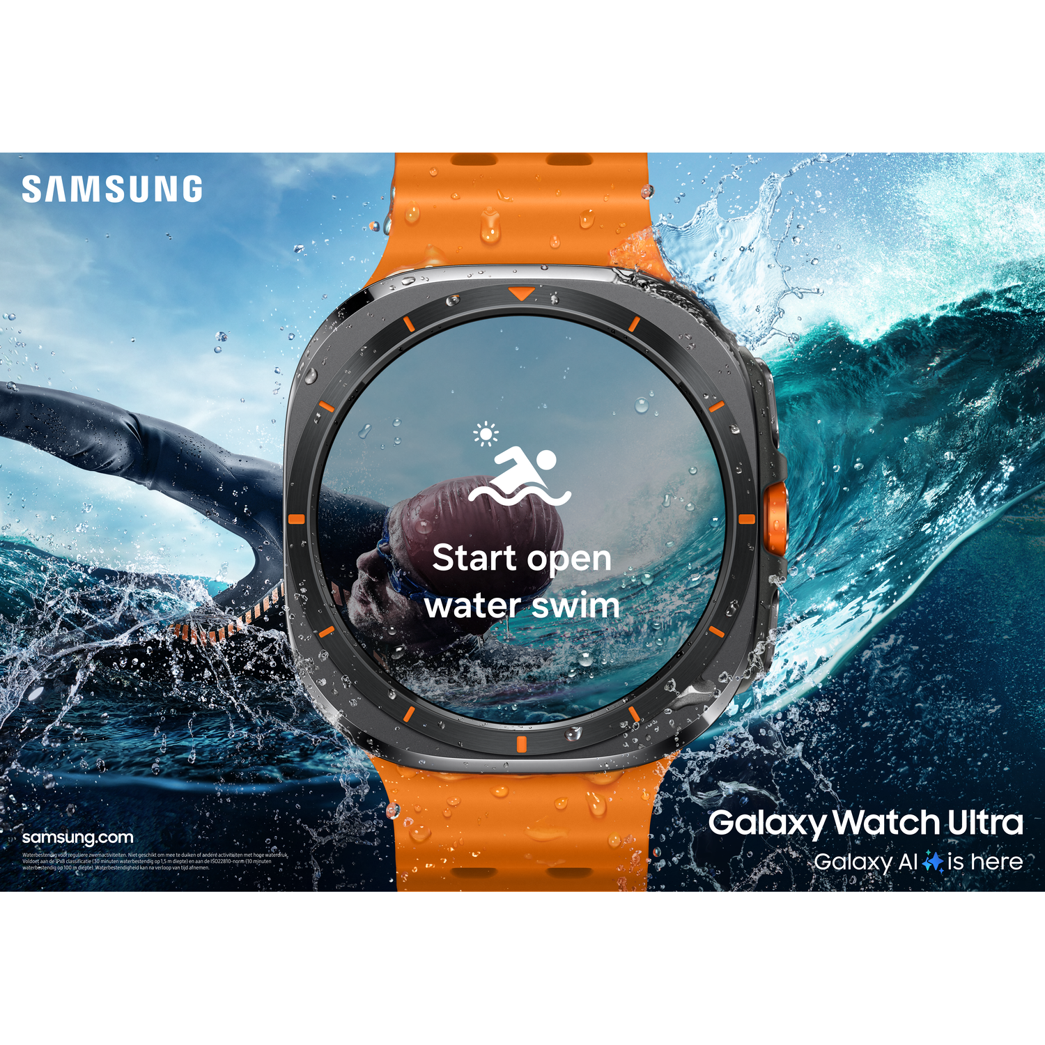 Smartwatch with orange strap and a swimming icon, surrounded by water.