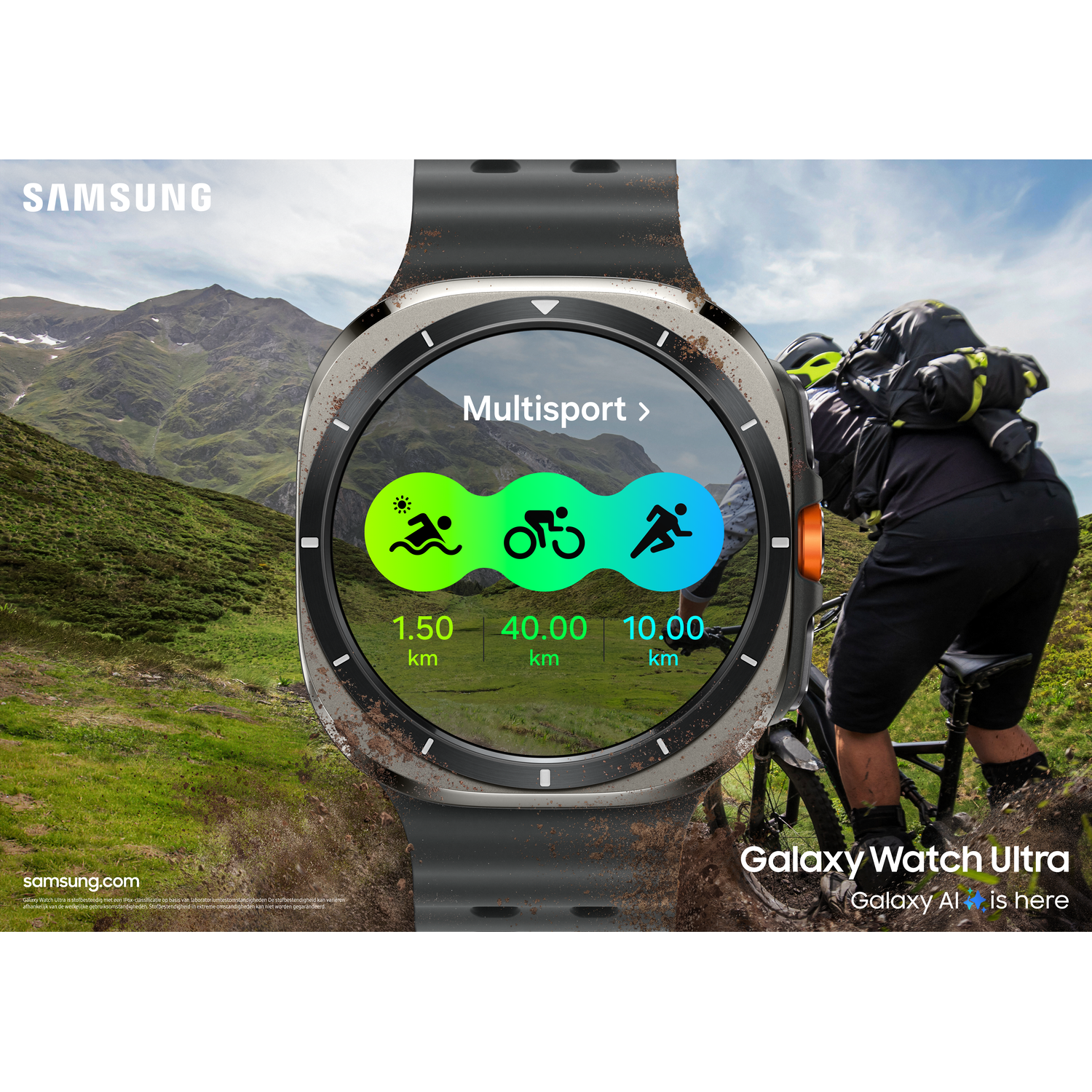 Een Samsung Galaxy Watch Ultra met een fietser op de achtergrond.