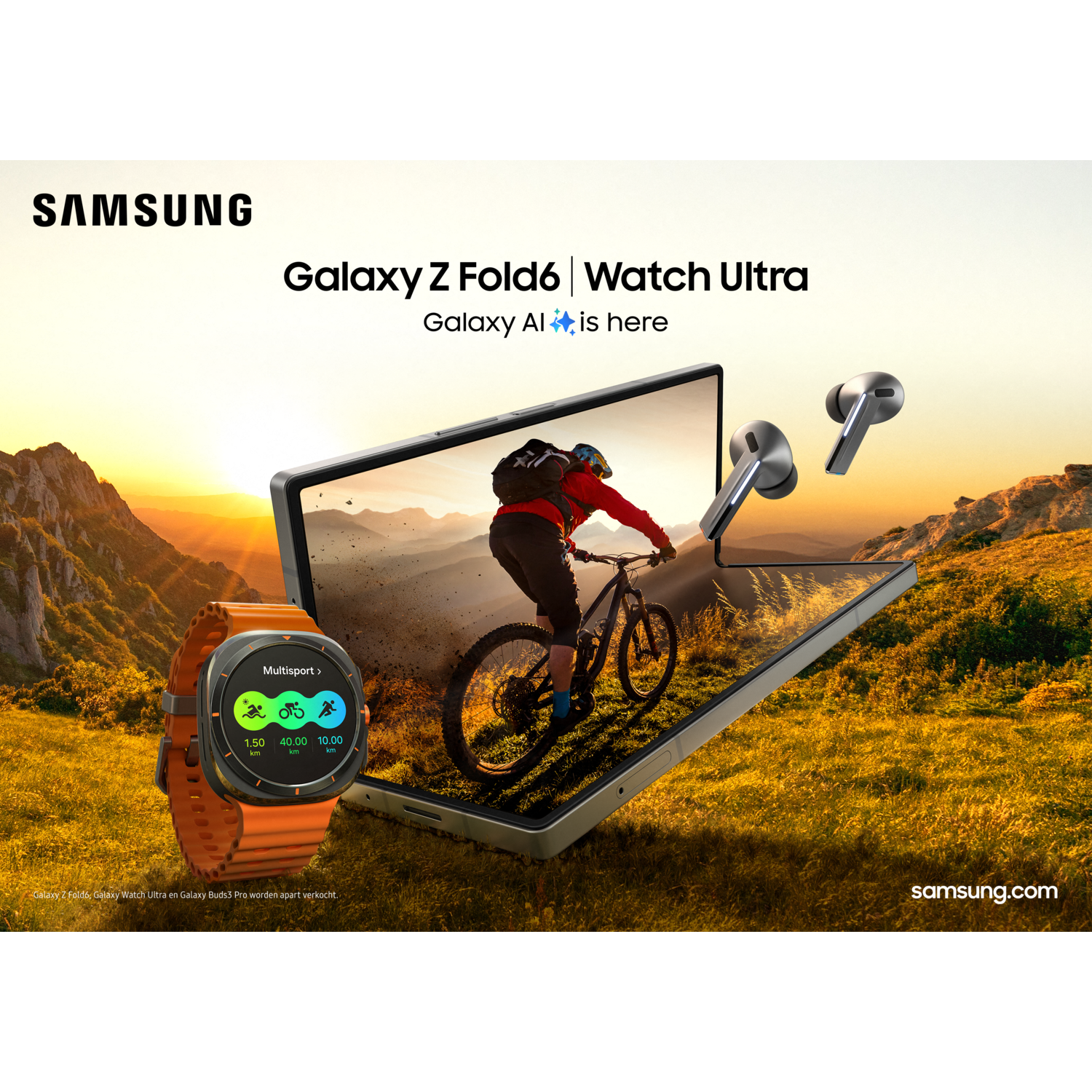 Samsung ad with a cyclist, watch, and earbuds on a mountain backdrop.