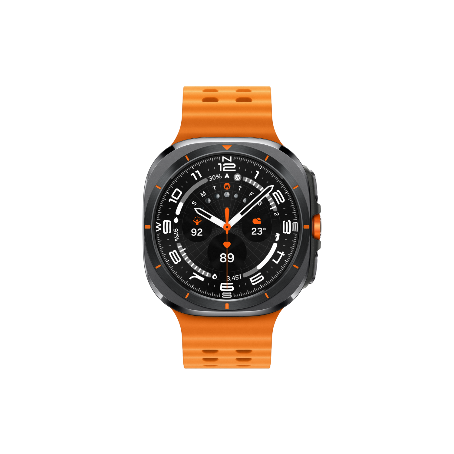 A smartwatch with an orange band. The watch face displays numbers and data on a black background.
